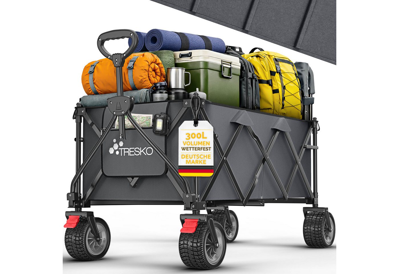TRESKO Bollerwagen Bollerwagen faltbar 300L mit Bremse Handwagen klappbar 150kg (inkl. Vollgummireifen Faltbarer Strandwagen mit Extra Breite All-Terrain-Räder, Gartenwagen Transportwagen mit Tragetasche)
