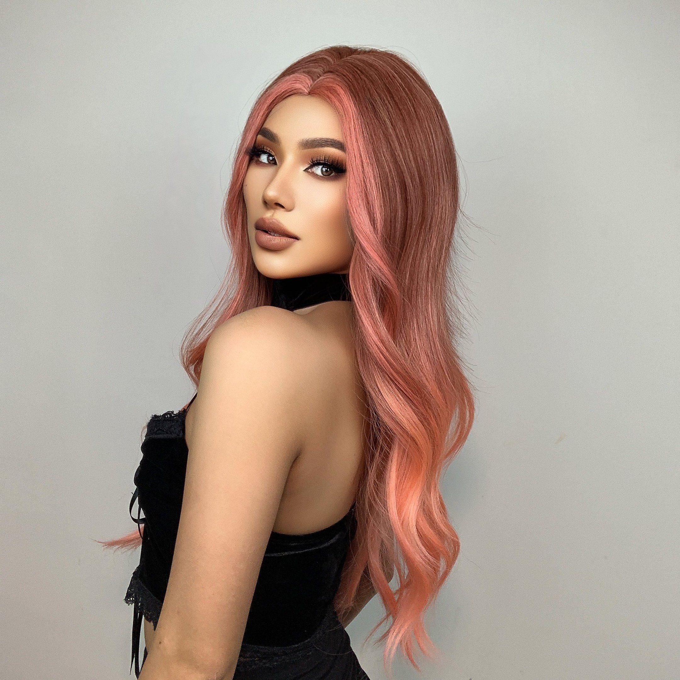 Püke Kunsthaarperücke Perücken, Orange-rosa Perücken 24inch lange gewellte Halloween Haar