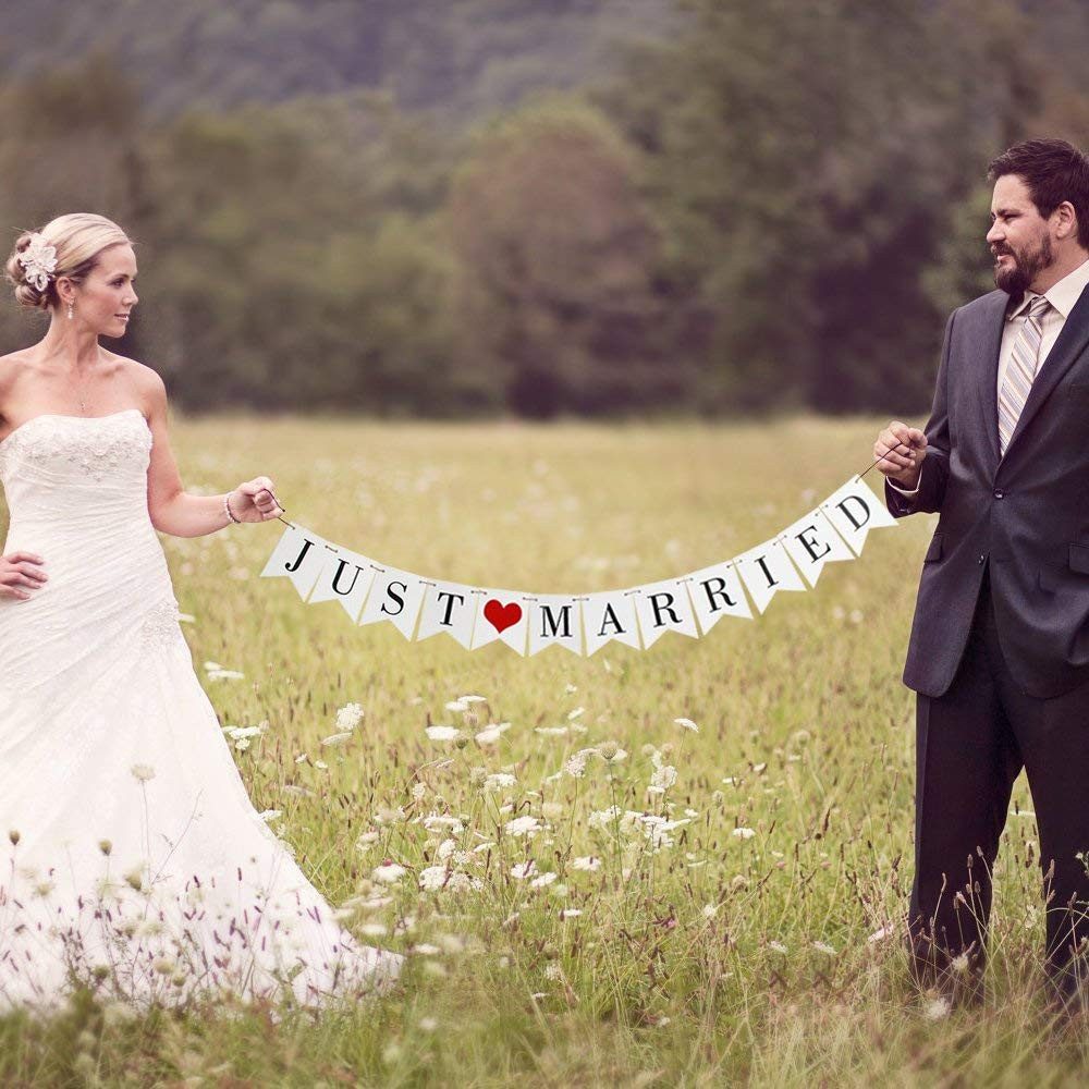 Bomiclss Hängedekoration Vintage Girlande "Just Married" – Rustikale Deko für Hochzeit (1 St), Dekobanner für Brautparty, Junggesellinnenabschied & Fotohintergründe