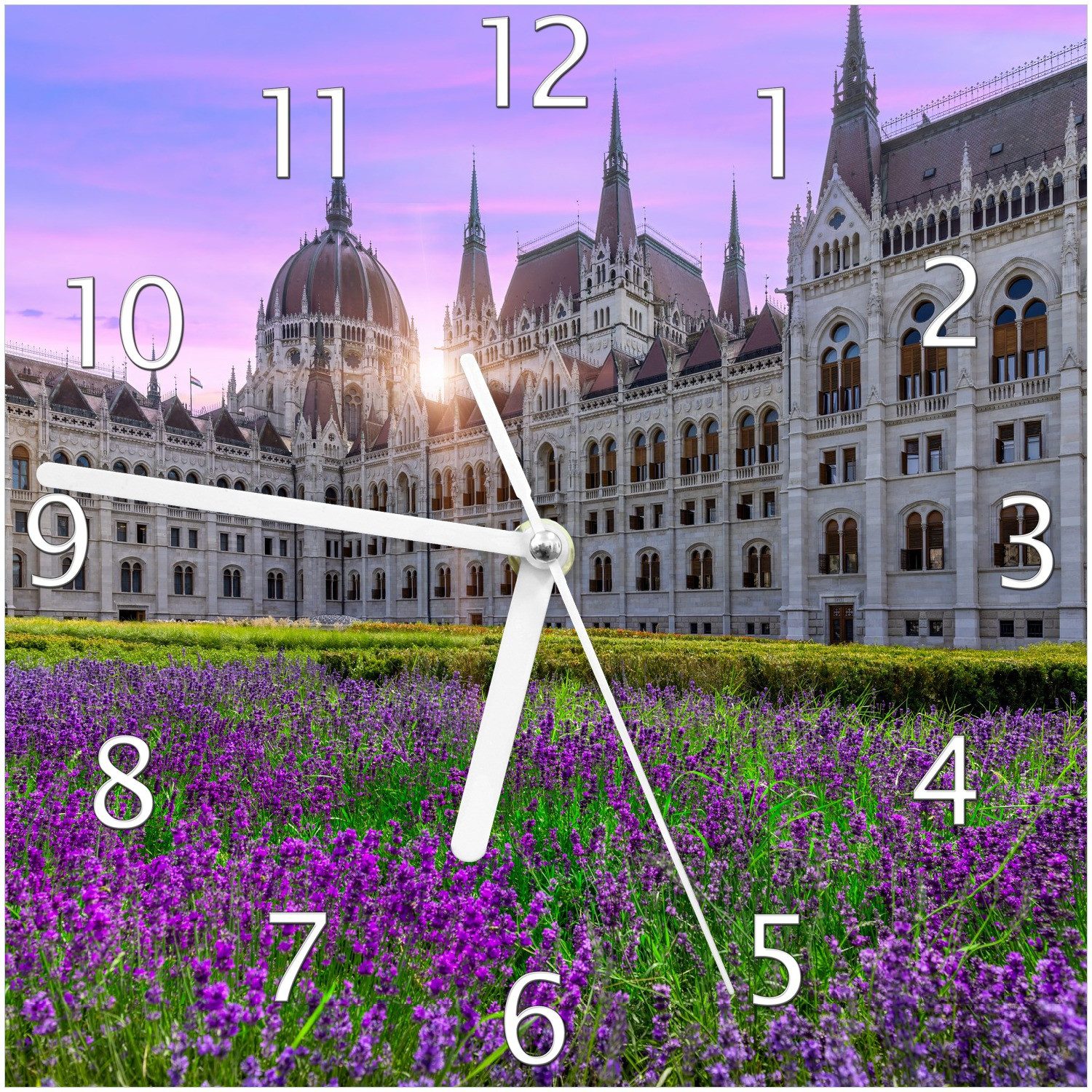 Wallario Wanduhr Historisches Gebäude im Abendlicht (Glasuhr)