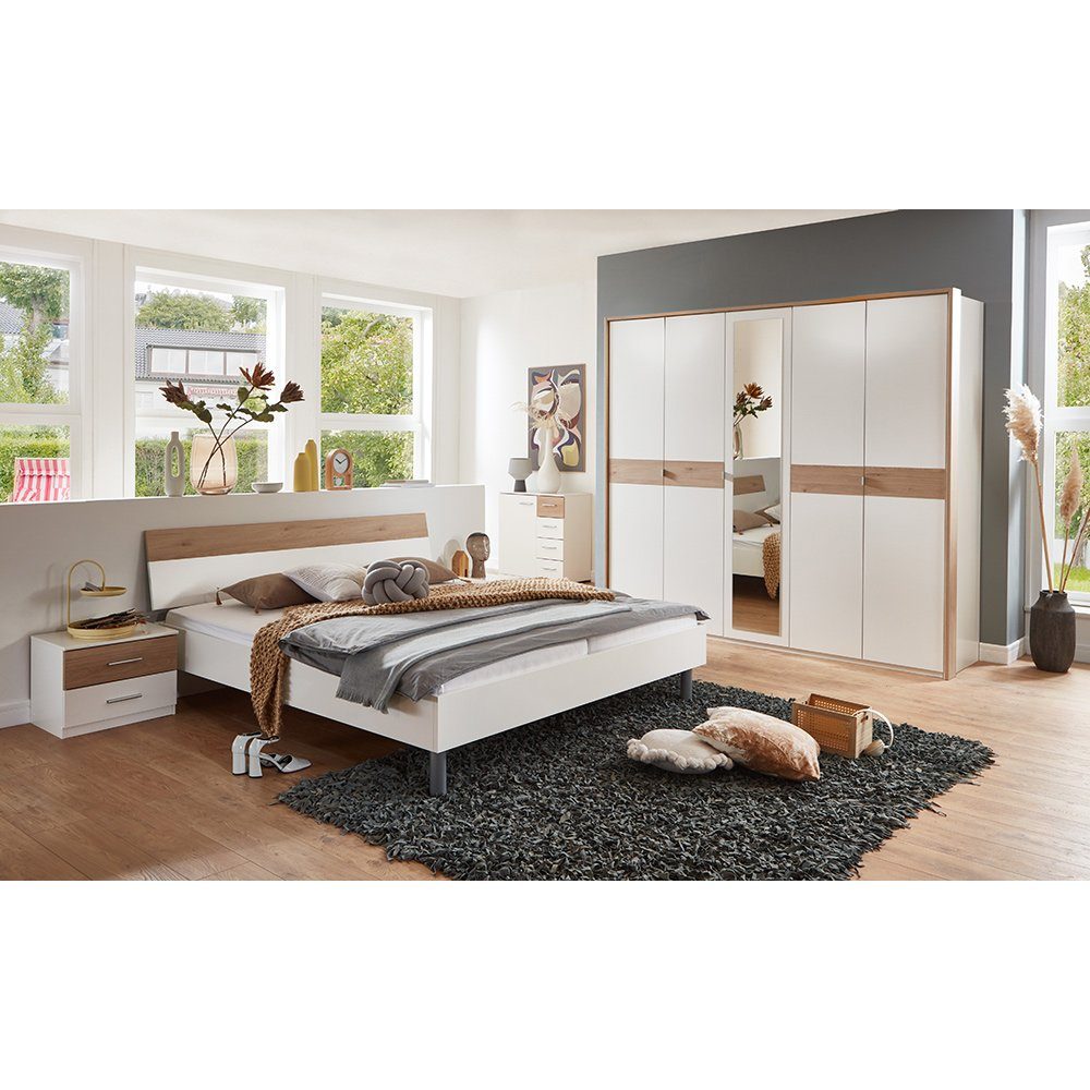 Lomadox Schlafzimmer-Set BRADFORD-43, (Spar-Set, 5-St), mit Bett 180x200 cm, Kleiderschrank 5-türig, weiß mit Eiche