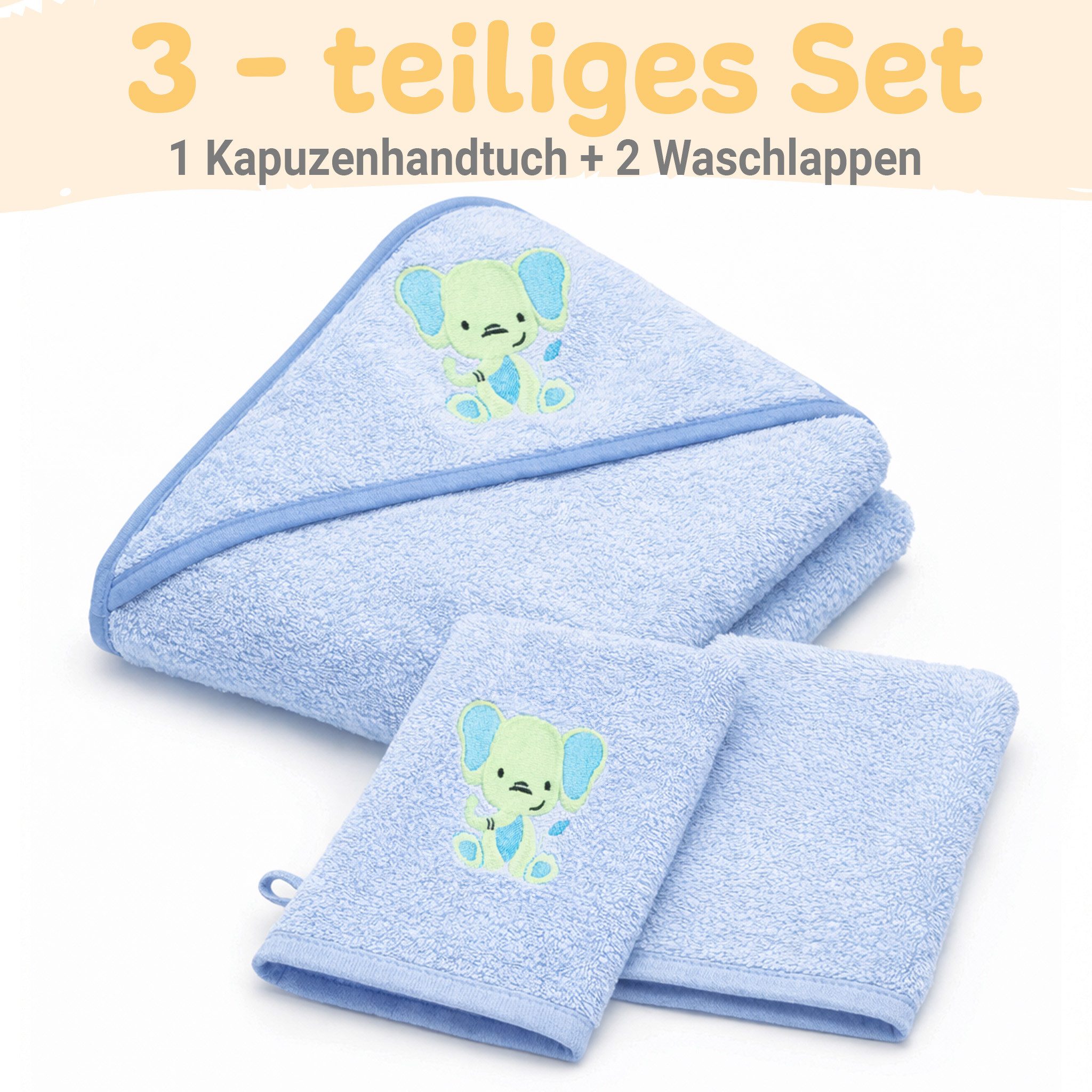 Babykajo Kapuzenhandtuch 80x80 - 100x100 cm, Frottee (3-St), Kuschliges Baby Handtuch mit Waschlappen