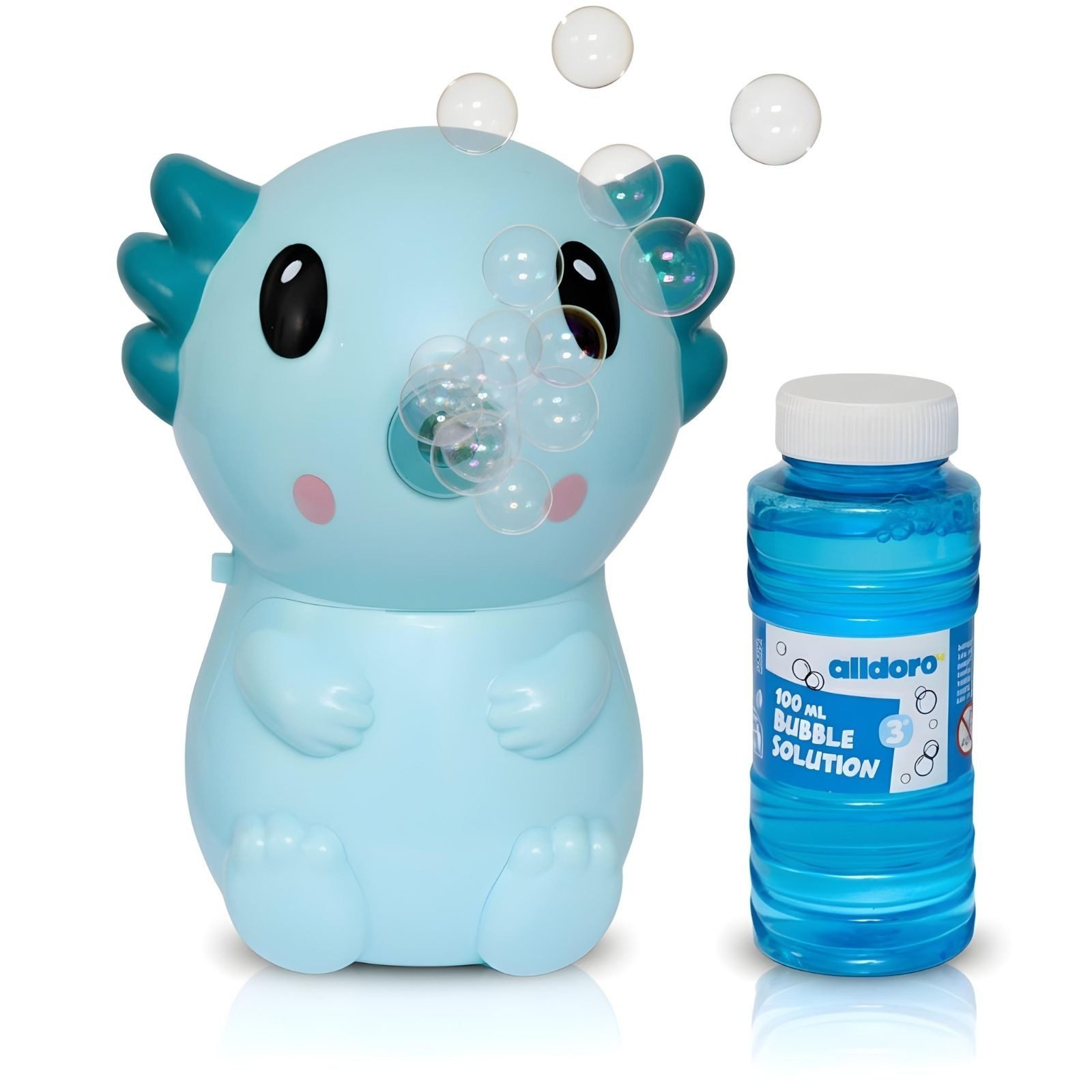 alldoro Seifenblasenmaschine Seifenblasen-Maschine Axolotl türkis, 14 cm, für Kinder ab 3 Jahren, Seifenblasen-Set mit tragbarer Seifenblasenkanone & 100 ml Flüssigkeit