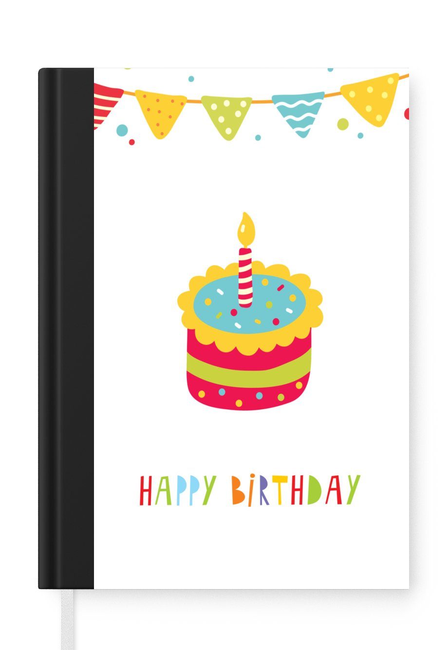 MuchoWow Notizbuch Illustration mit Fahnen, einem Kuchen und dem Zitat "Happy Birthday"., Journal, Merkzettel, Tagebuch, Notizheft, A5, 98 Seiten, Haushaltsbuch