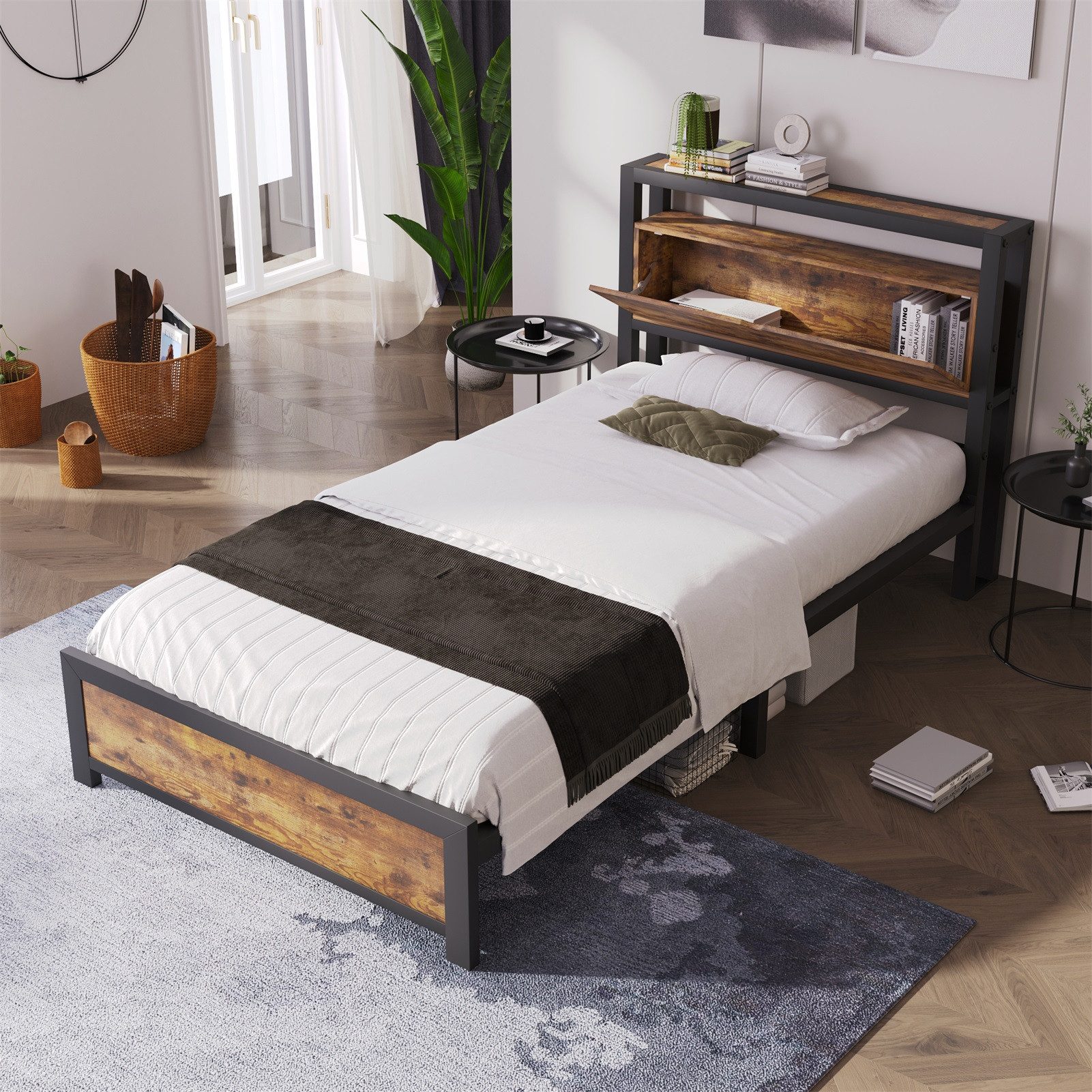 Rutaqian Jugendbett Metallbett Jugendbetten Doppelbett 90 /140 x 200 cm (mit Stauraum-Kopfteil und Metall Lattenrost), Kinderbett Bettgestell Bettrahmen Für Erwachsene, Kinder, Jugendliche