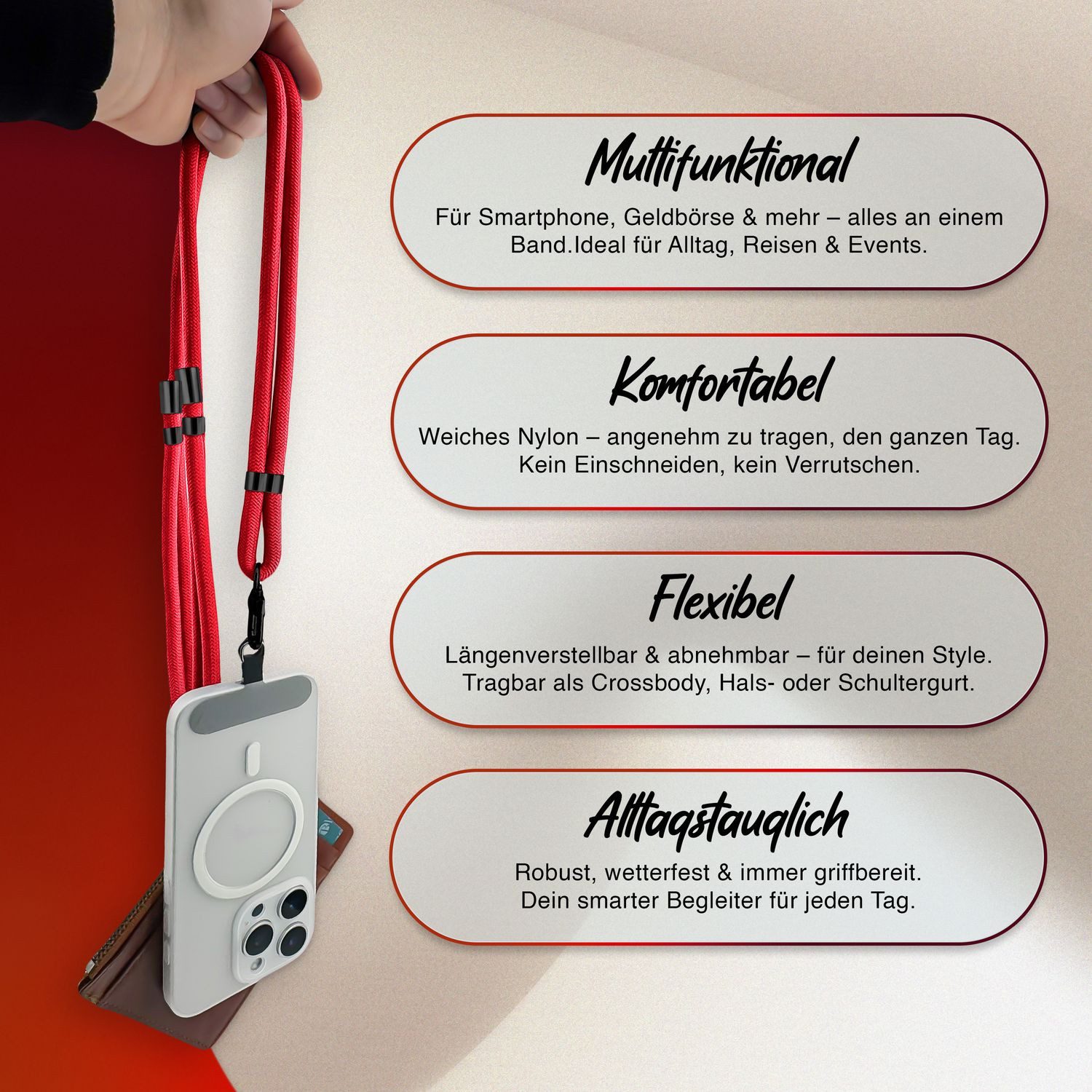 Nalia Handykette Universal Smartphone, Nylon Handyband / Karabiner Matt Schwarz & 2 Pads / 35-75cm Tragelänge