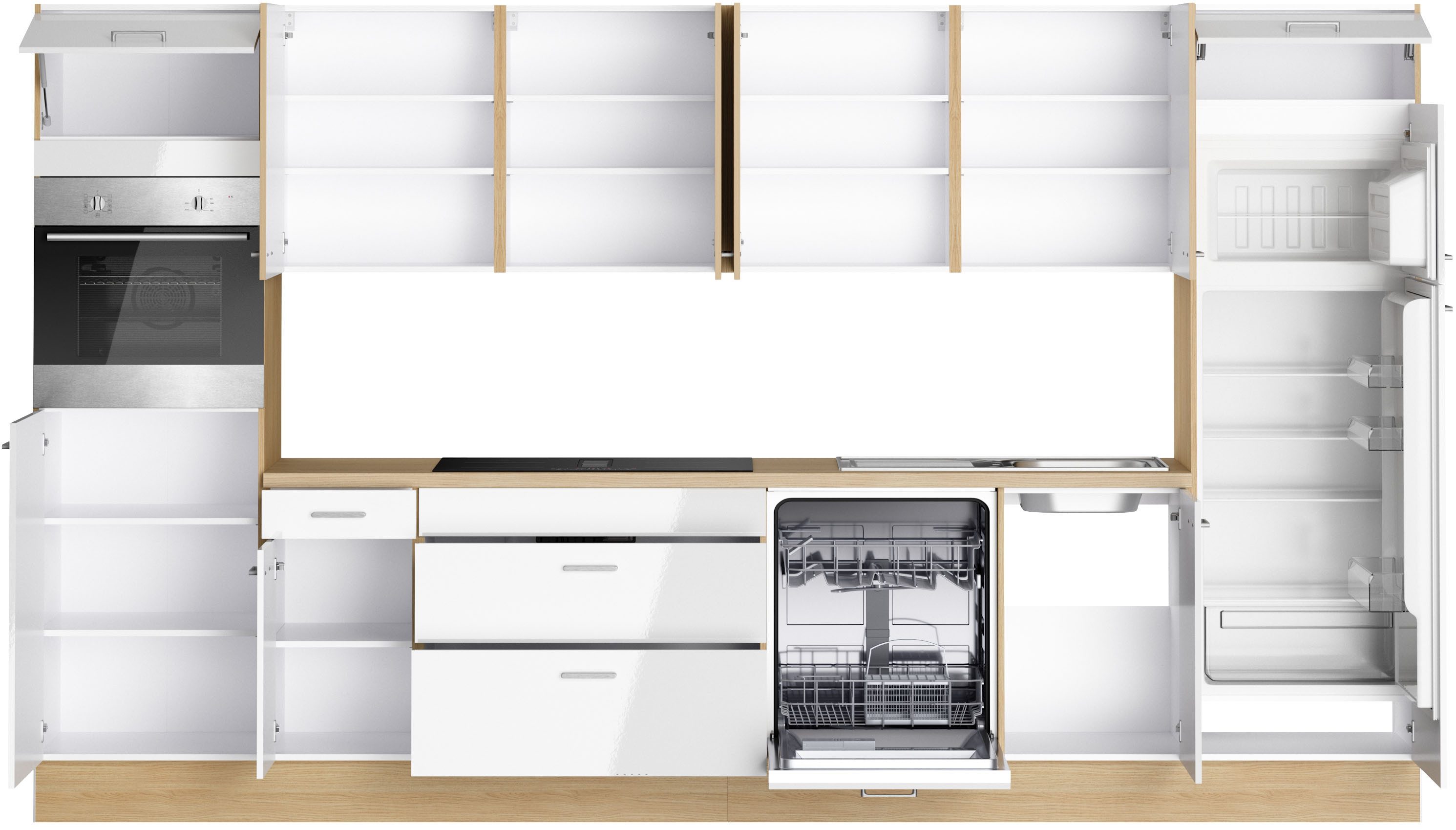 Coin cuisine Kitchenette KS-Lucy, en option avec plaque à induction et hotte aspirante intégrée, largeur 360 cm, fermeture amortie, accessoires inclus, en option avec appareils électroménagers