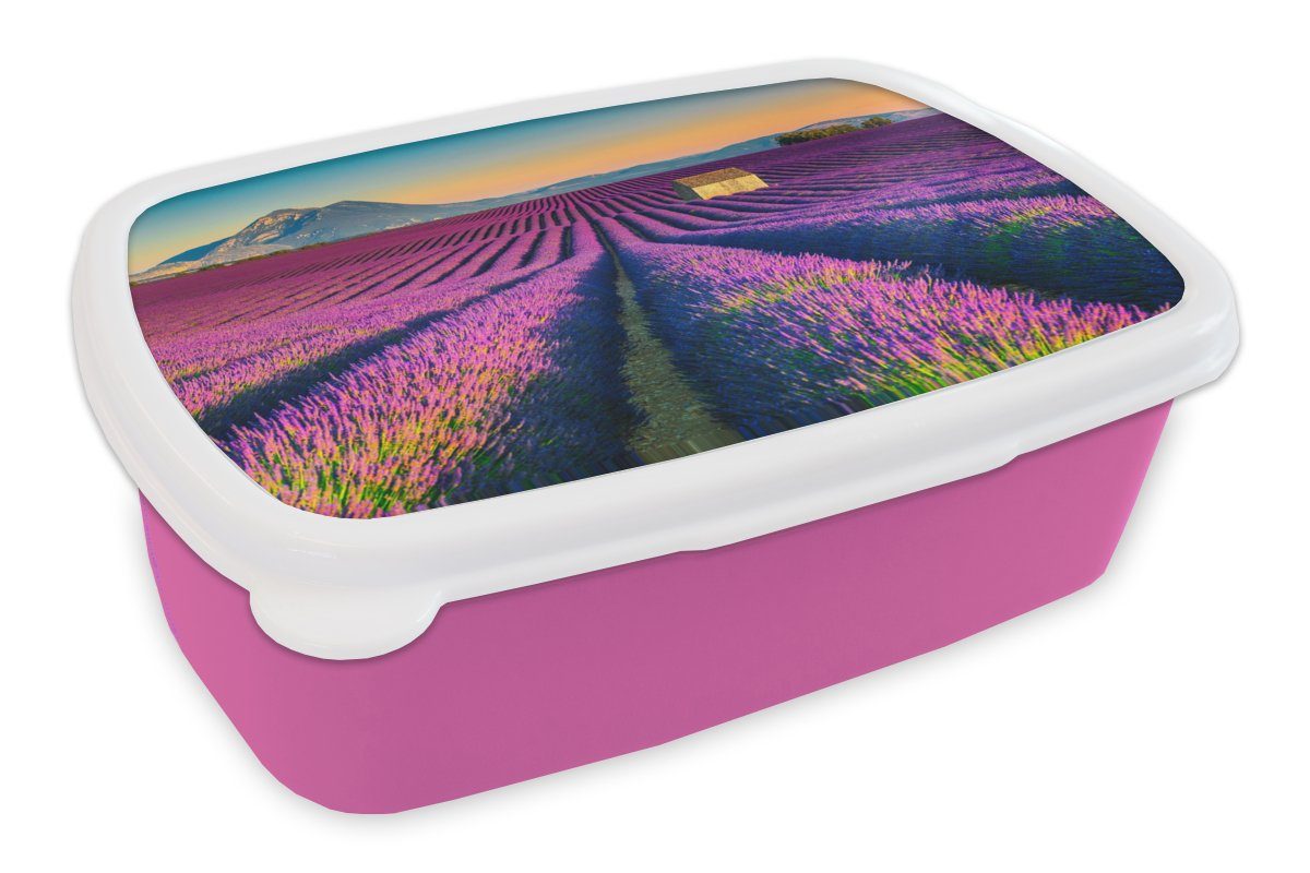 MuchoWow Lunchbox Lavendel - Berg - Blumen, Kunststoff, (2-tlg), Brotbox für Erwachsene, Brotdose Kinder, Snackbox, Mädchen, Kunststoff rosa