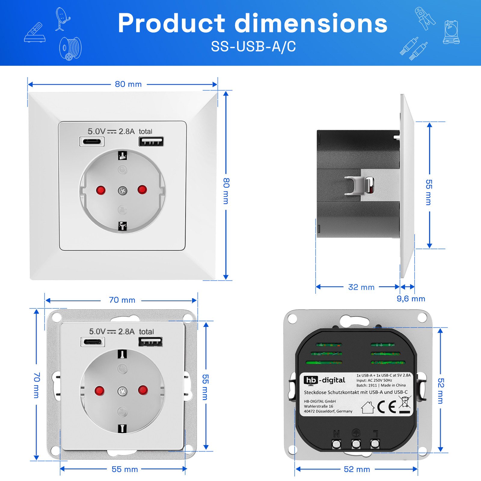 HB-DIGITAL Unterputz-Steckdose hb-digital USB Steckdose Unterputz Schutzkontakt 1x USB-C 1x USB-A, Einzelartikel, 1-St., 1x Unterputz-Steckdose mit USB-A und USB-C, Integrierte USB-A und USB-C Ports