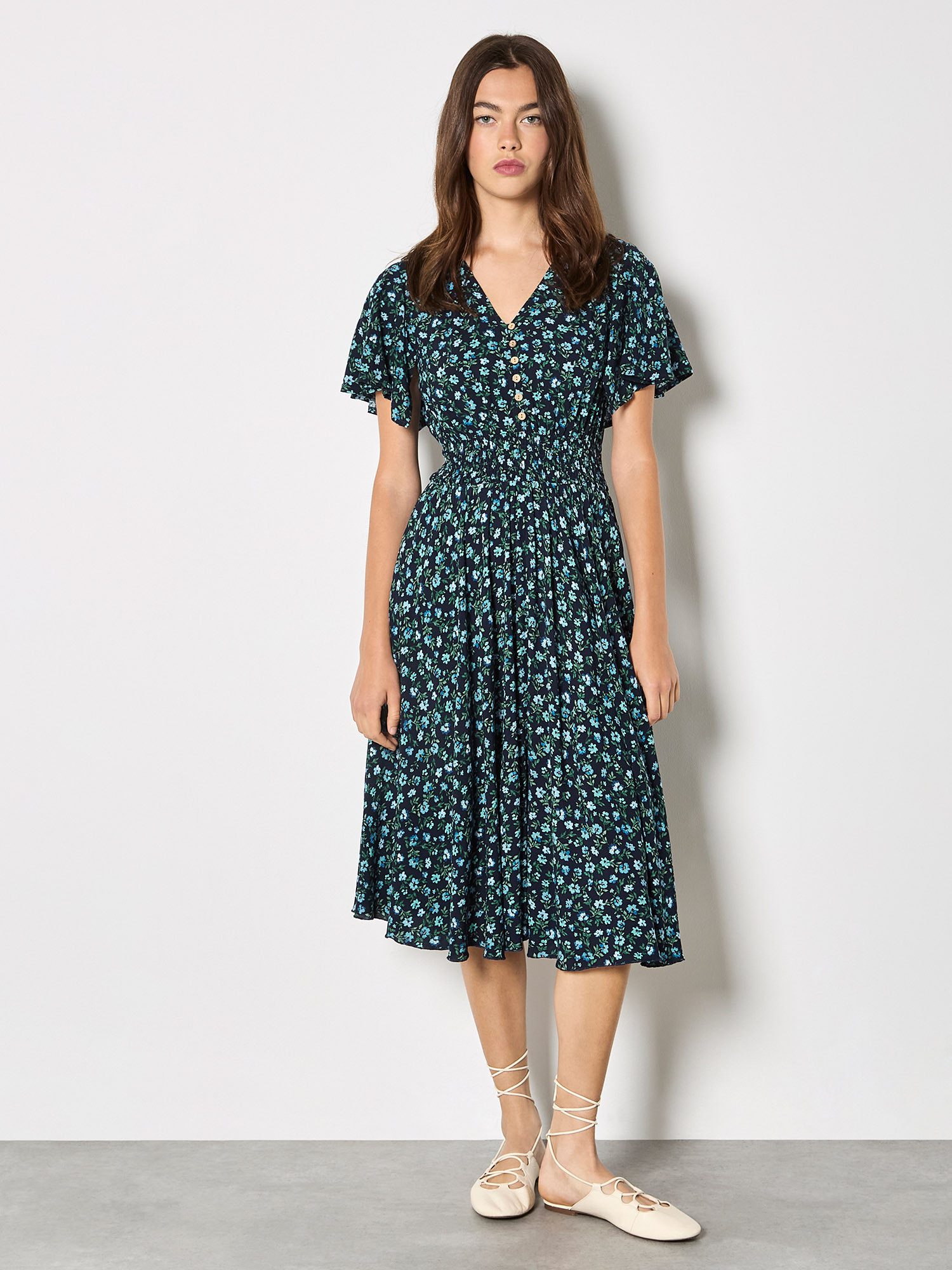 Apricot Midikleid Midi-Kleid mit zarten Blumenmustern Elastischer Bund günstig online kaufen