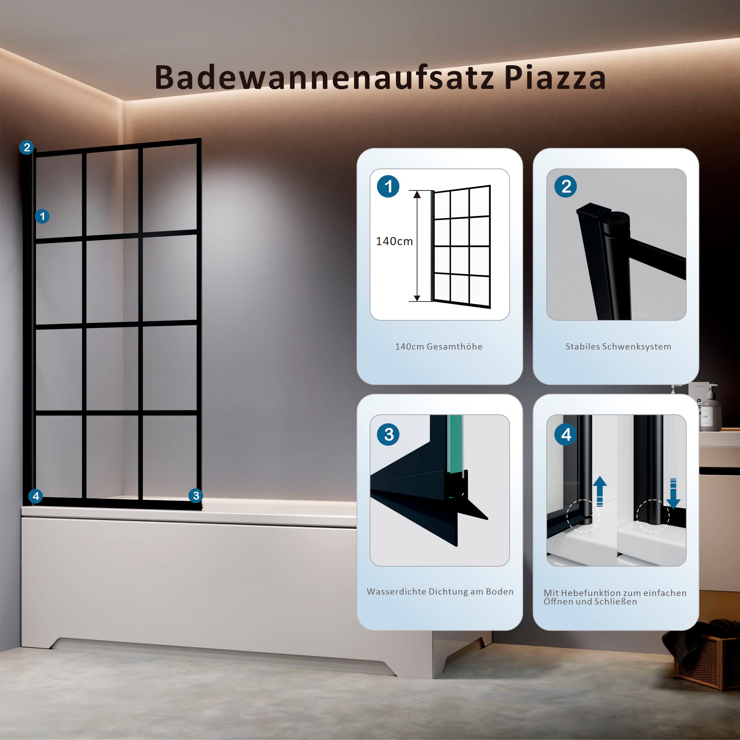 welltime Badewannenaufsatz, 12-Geteilter Badewannenaufsatz in trendigem Schwarz