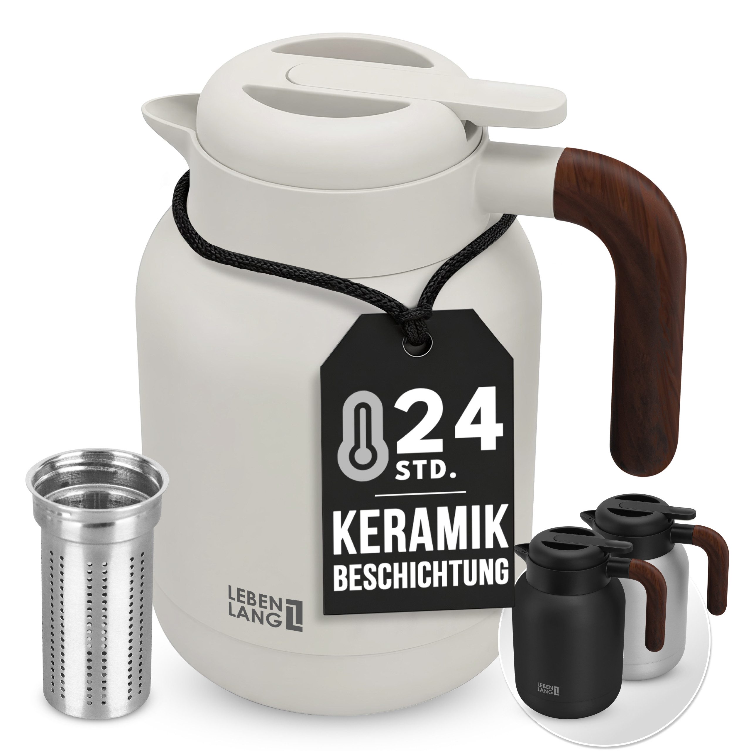 Lebenlang Isolierkanne 1,5L Thermoskanne inkl. Teesieb - Kaffee & Tee - Heiß & Kalt, 1.5 l, Innenwand aus Keramikbeschichtung, Auslaufsicher, Drehdeckel