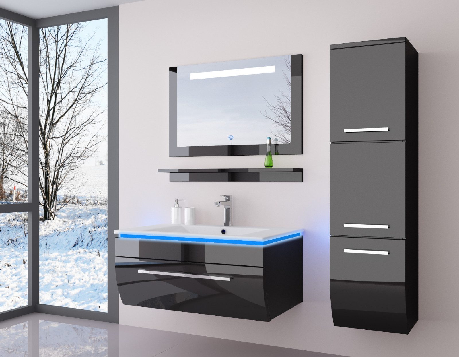 Homeline Badmöbel-Set Badmöbel Set Hochglanz lackiert LED System tauschsystem, (Sparset, 6-St., Set ANgebot ohne Waschtisch Armatur und Ablaufgarnitur), Lackiert Hochglanz LED Fertig montiert Touch system
