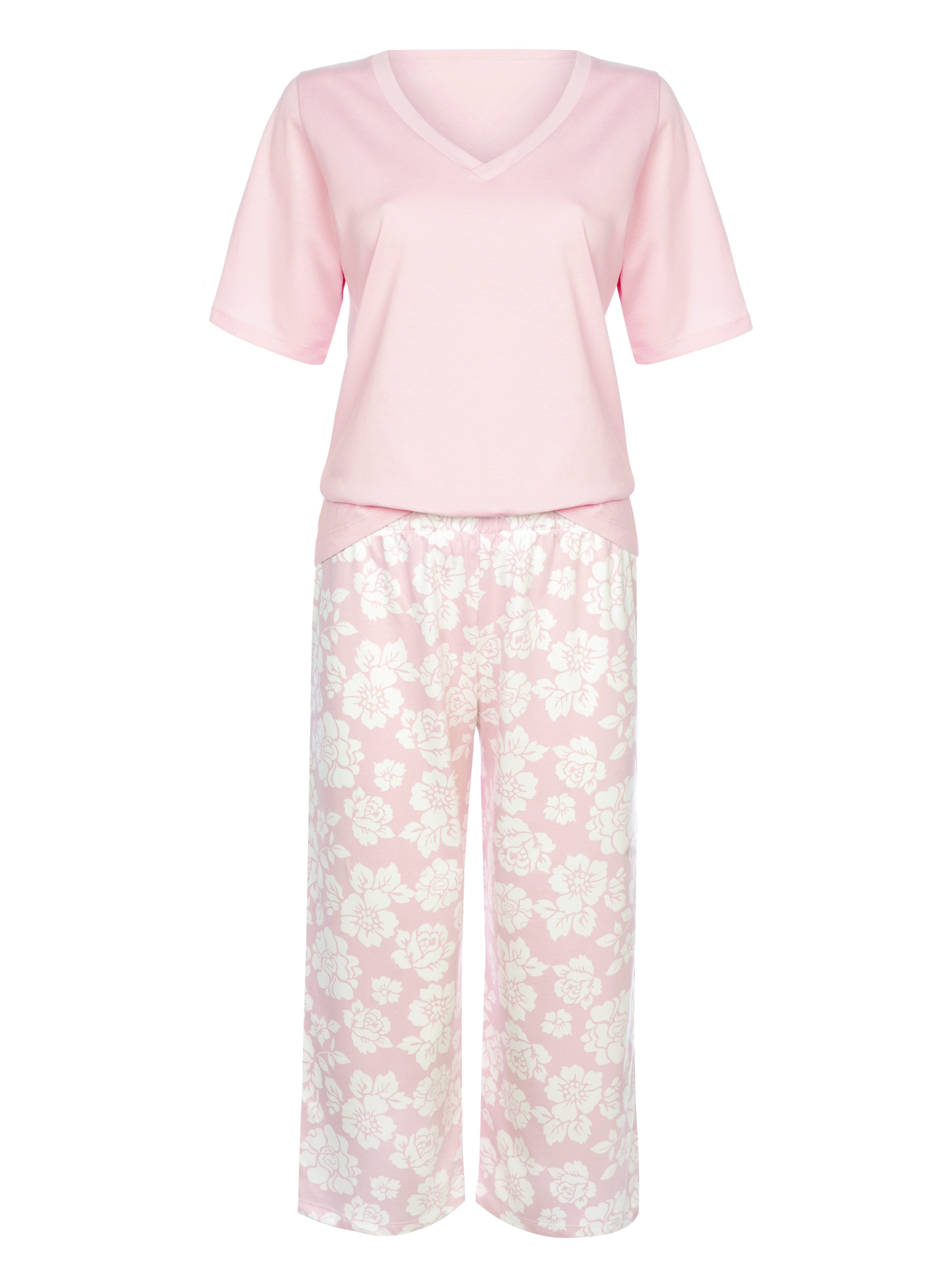 Donna Capri-Pyjama 3/4 Schlafanzug in Rose mit geblümter 3/4-Culotte, reine günstig online kaufen