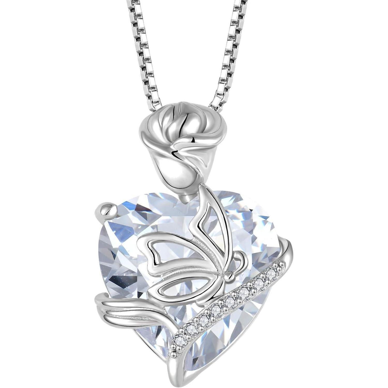 Kette mit Anhänger Kette 925 Sterling Silber Damen Herz Schmetterling 04 April - Zirkonia