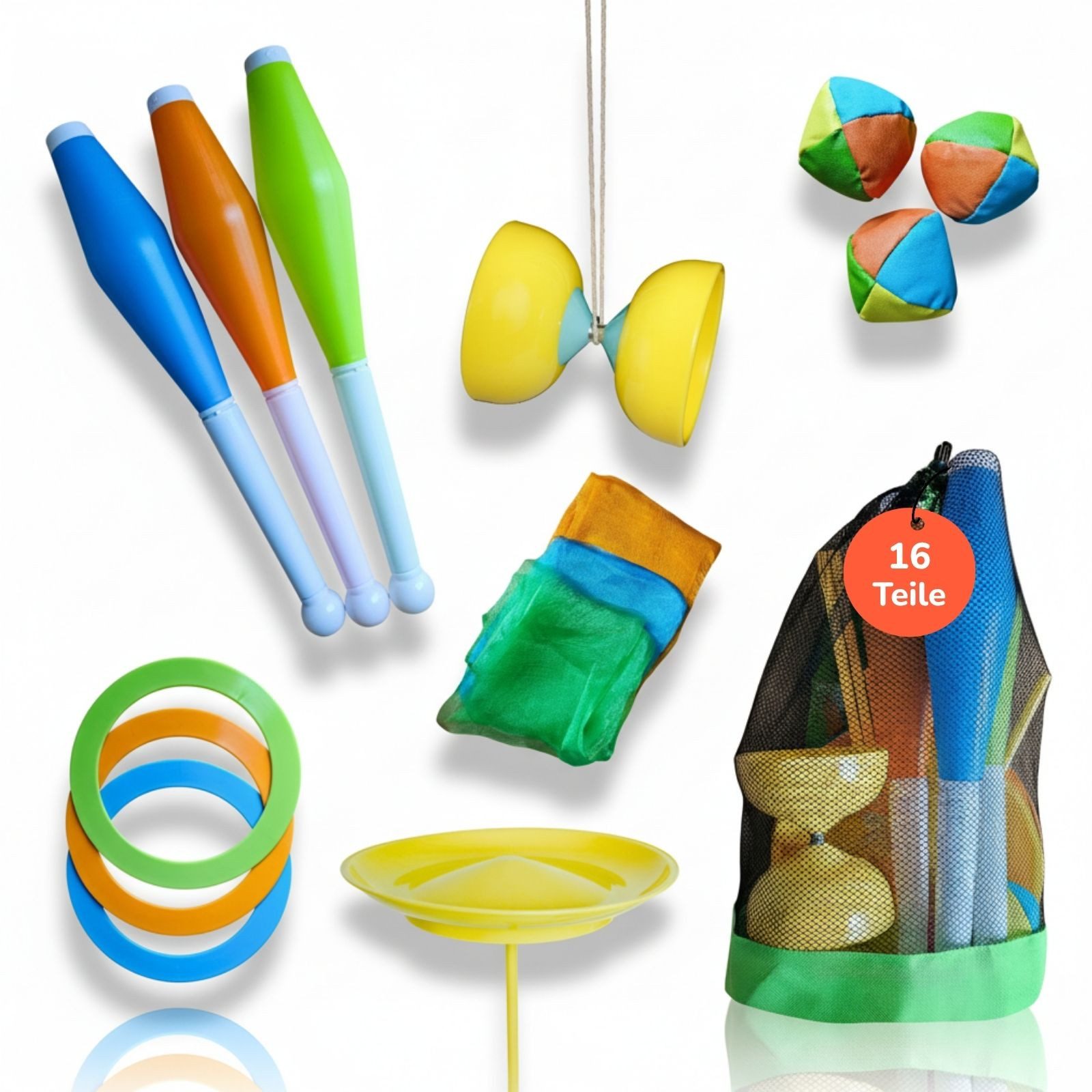 alldoro Spiel Jonglier-Set für Kinder & Anfänger, 16 Teile im Rucksack, Jonglierbälle, Diabolo, Tücher, Ringe, Keulen und Jonglierteller