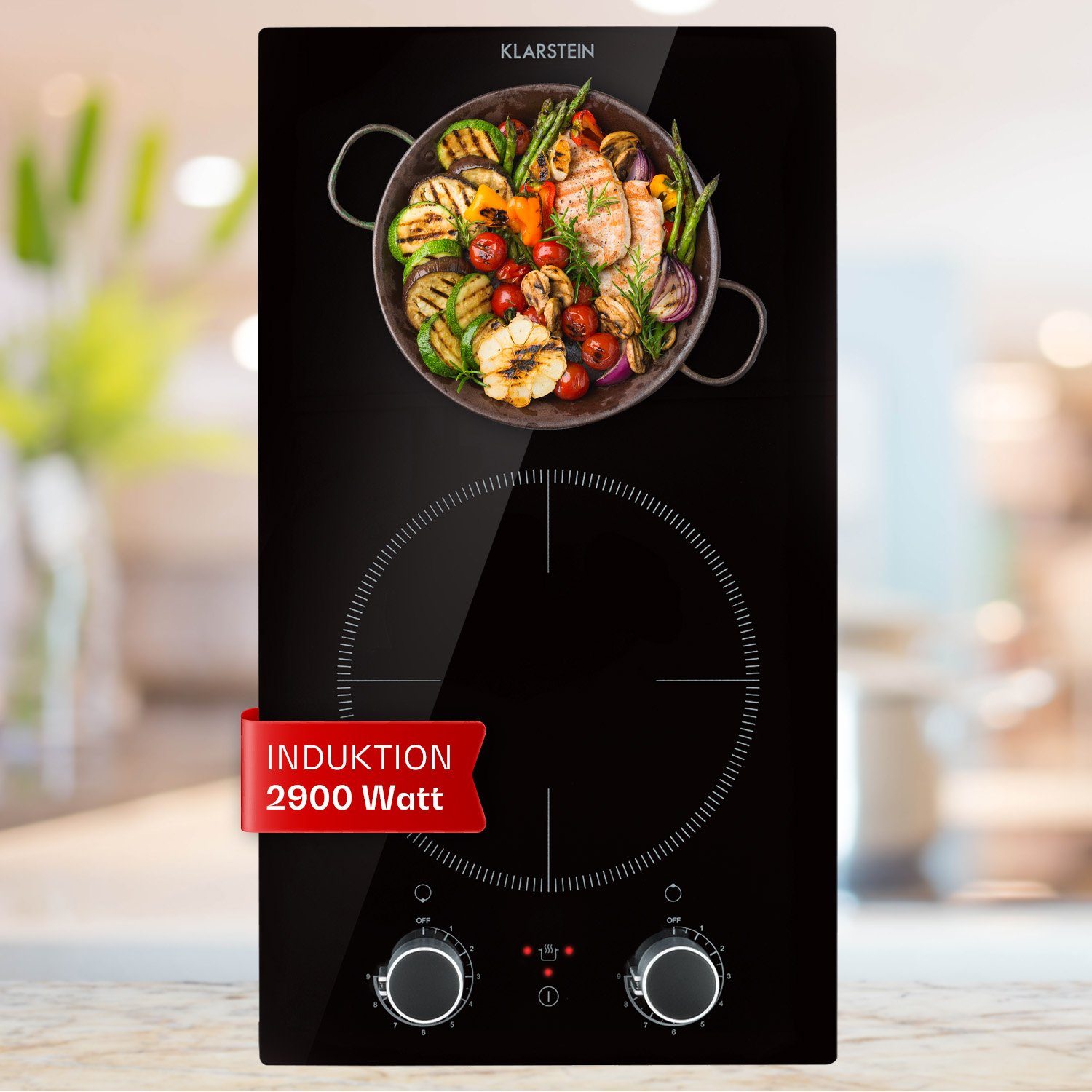 Klarstein Induktions-Kochfeld Kochheld Doppel-Induktion 2900W 2 Zonen 9 Stufen Drehregler Glas, Einbau-Induktionsfeld Domino mit Glaskeramik Touch & Booster mobil