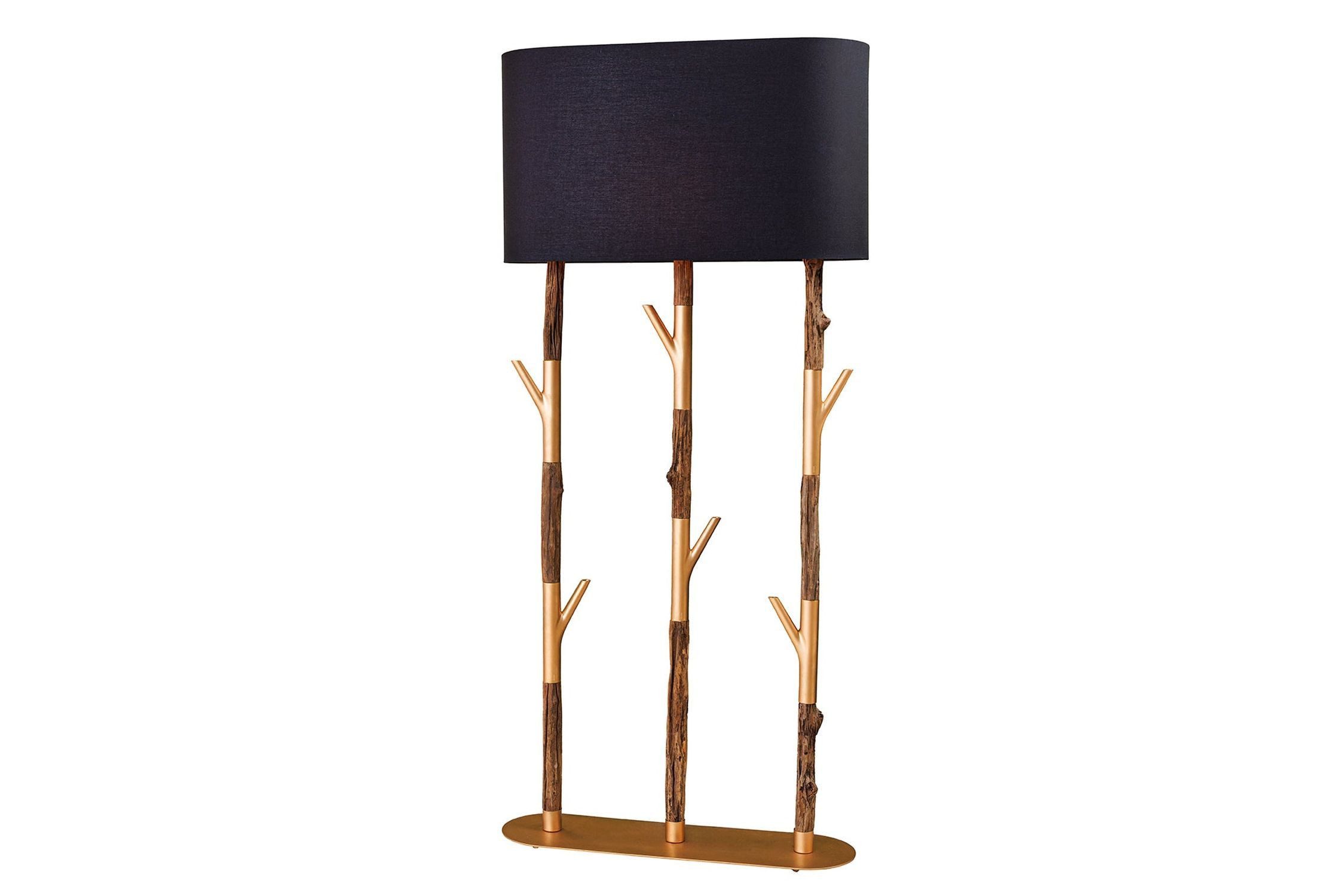 Licht-Erlebnisse Stehlampe HEDDA, ohne Leuchtmittel, mit Kleiderhaken 154 cm hoch Eisenholz Stoff in Natur Schwarz Gold
