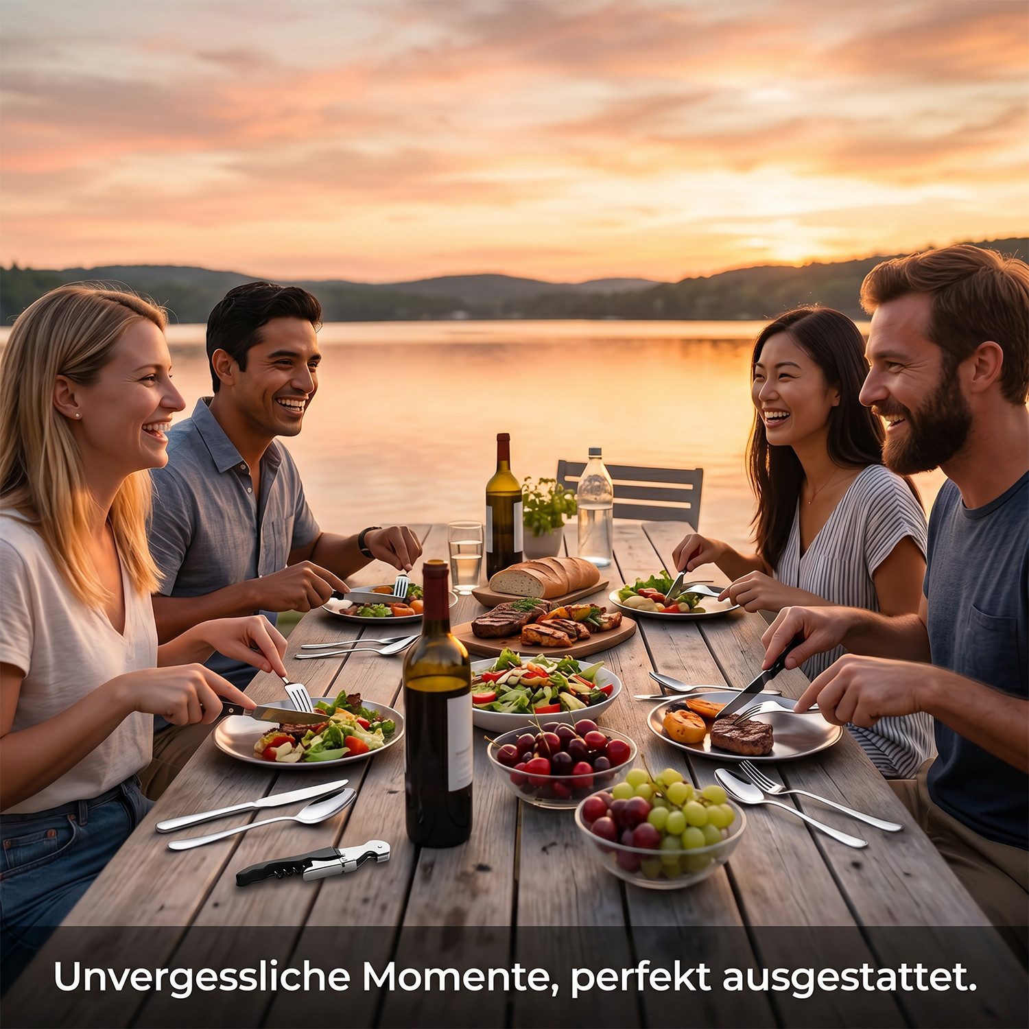 AKKEE Besteck-Set Camping Besteck Set Picknick-Set Outdoor Campinggeschirr Set, 4 Personen, Edelstahl