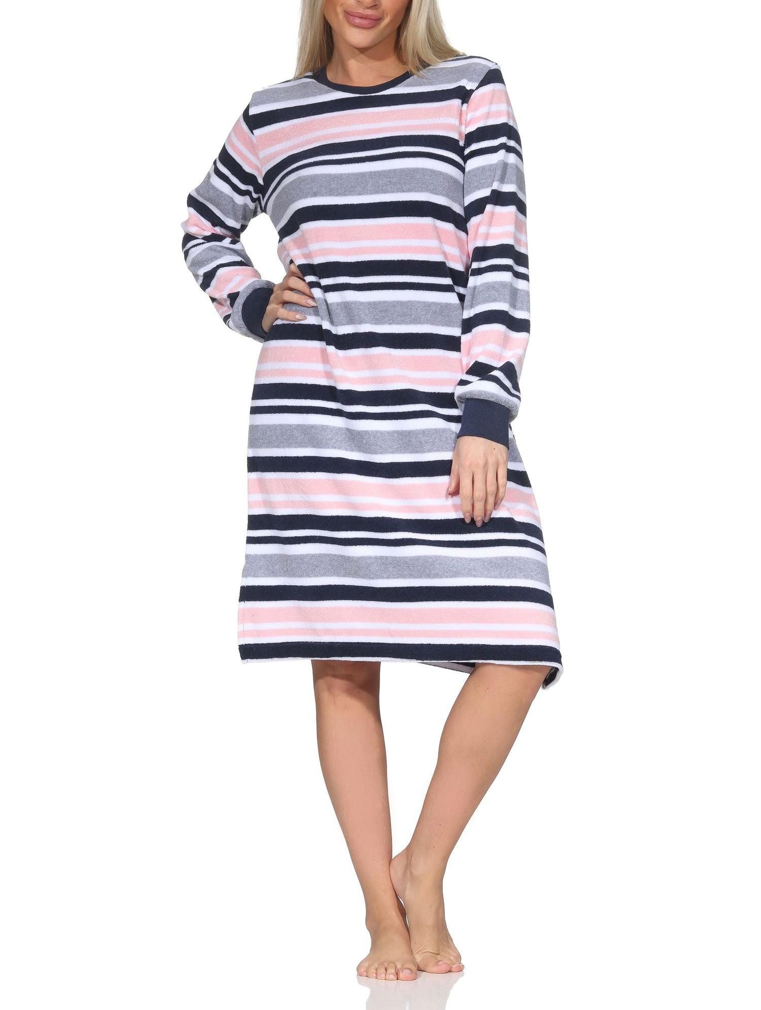 Nachthemd Damen Frottee Nachthemd mit Bündchen in elegantem Streifendesign