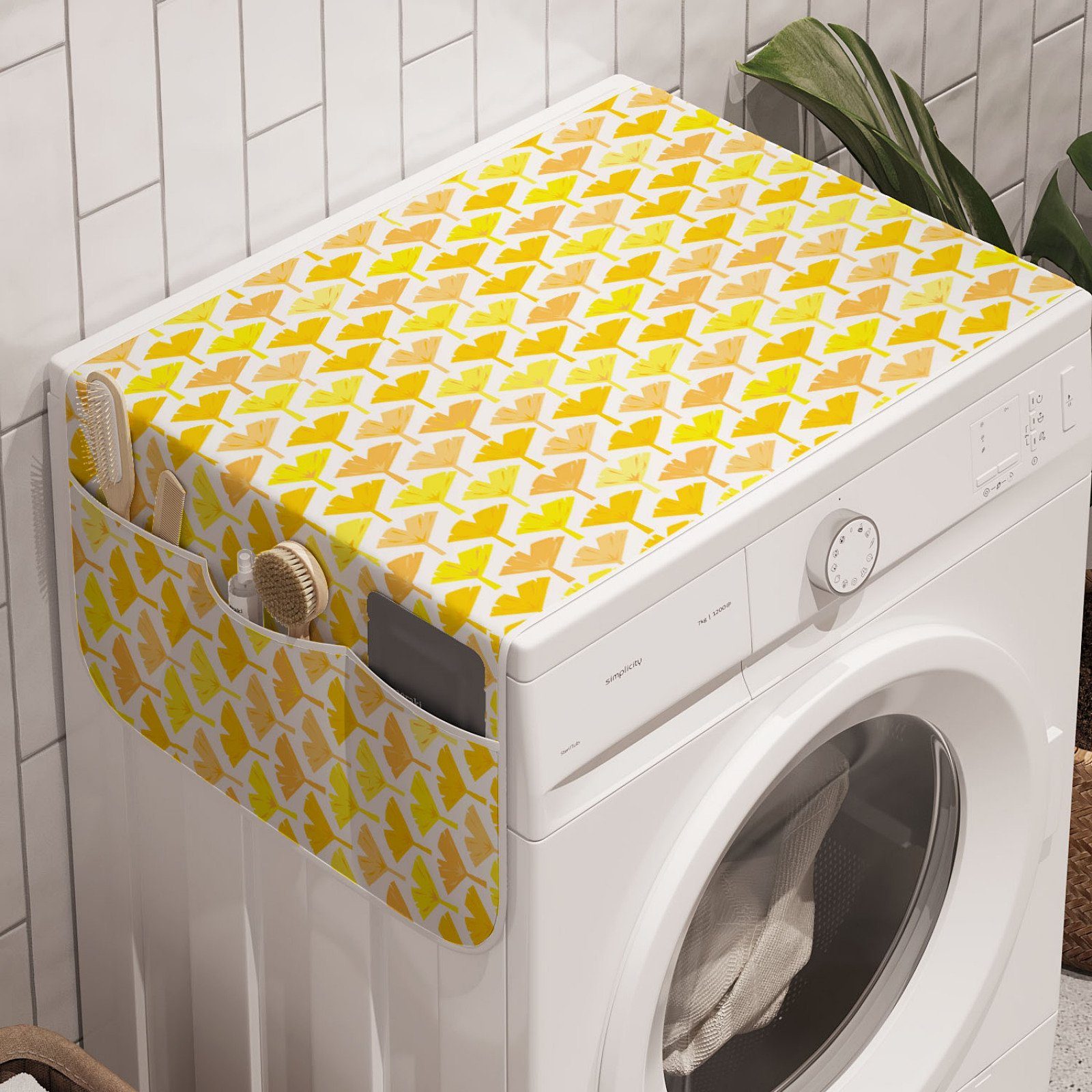 Abakuhaus Badorganizer Anti-Rutsch-Stoffabdeckung für Waschmaschine und Trockner, Gelb und Weiß Ginkgo-Blätter Nut