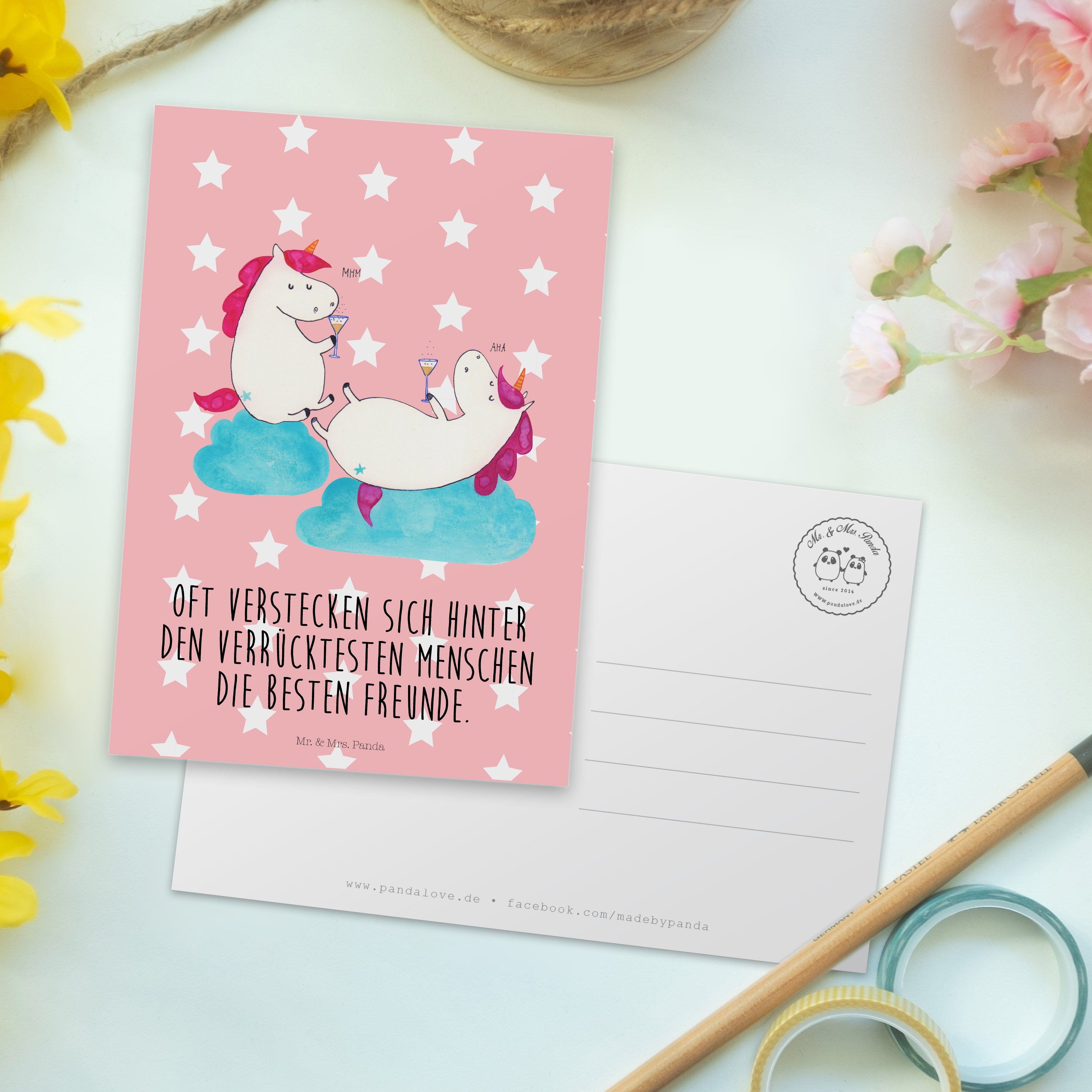 Mr. & Mrs. Panda Postkarte - Rot Sekt Einhörner Geschenk, Geburtstagskarte Einladung, Pastell 