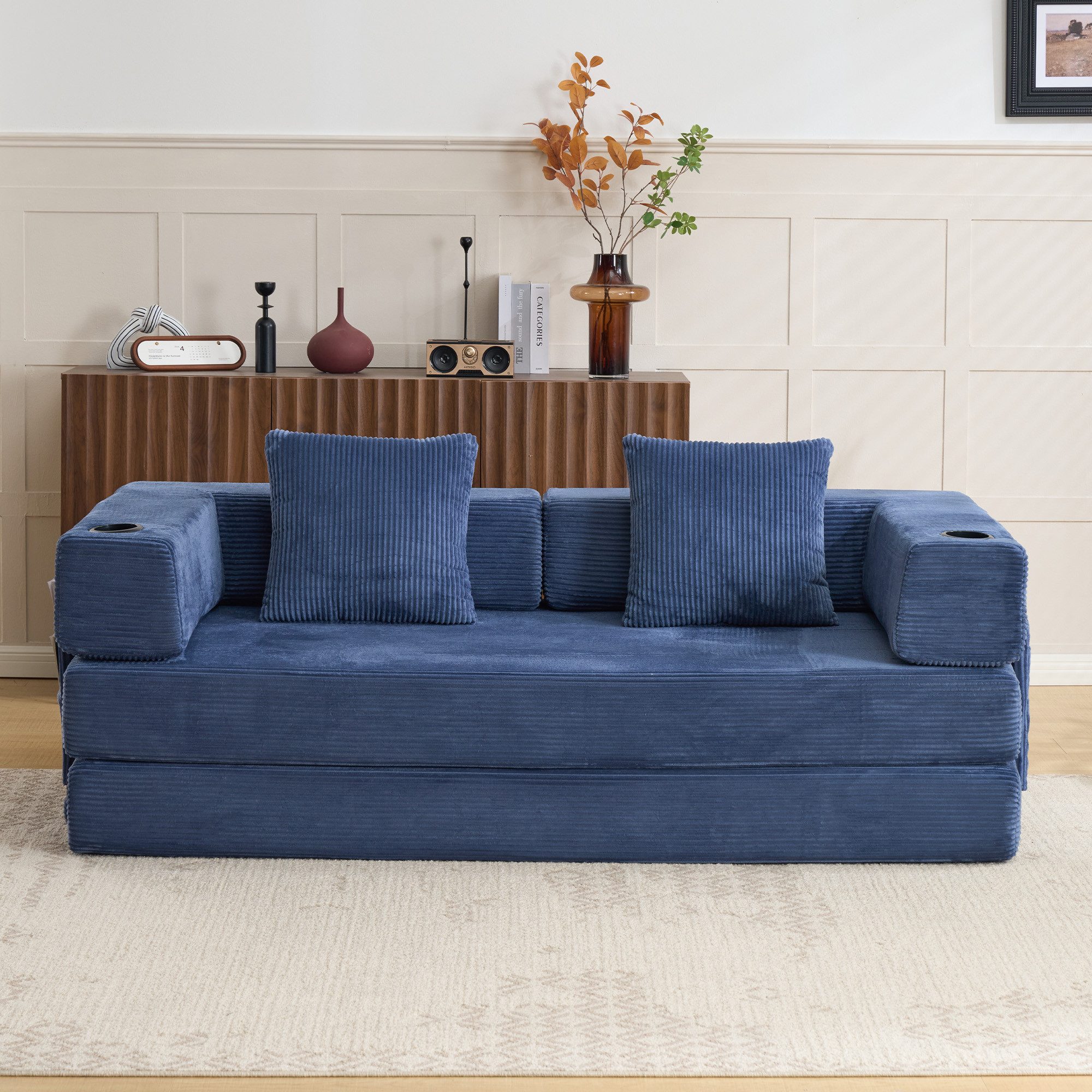 Vankel Loungebett Sofas Wohnzimmer, Sofa mit Schlaffunktion aus Cord mit Cupholder, Faltbares Schlafsofa mit Seitentaschen, Cupholdern und ohne Montage