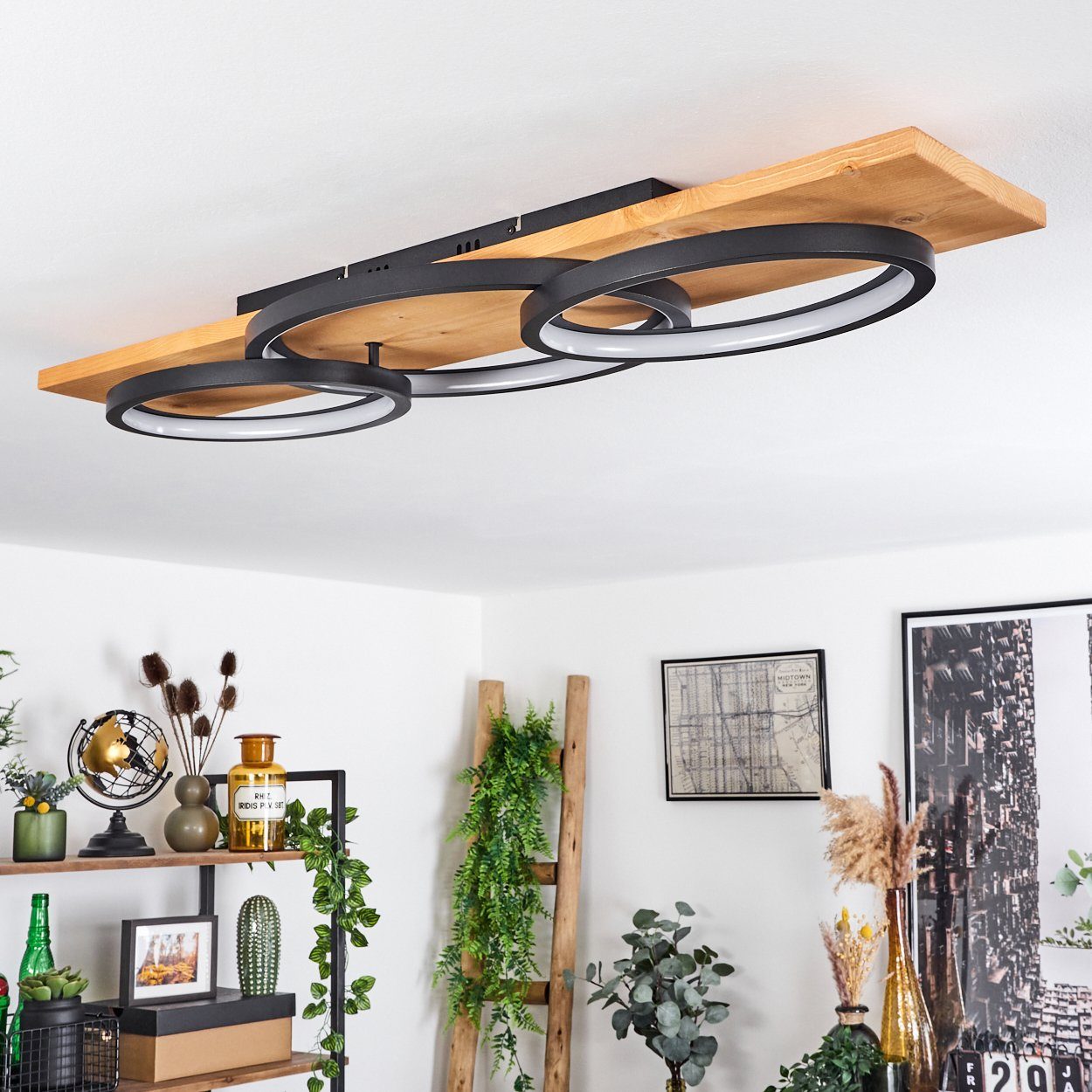 hofstein Deckenleuchte »Palermo« Deckenlampe aus Metall/Holz/Kunststoff in Natur/Schwarz, 3000 Kelvin, 97cm, dimmbar über Lichtschalter, 4700 Lumen, 1xLED 40 Wa – Bild 5 von 5