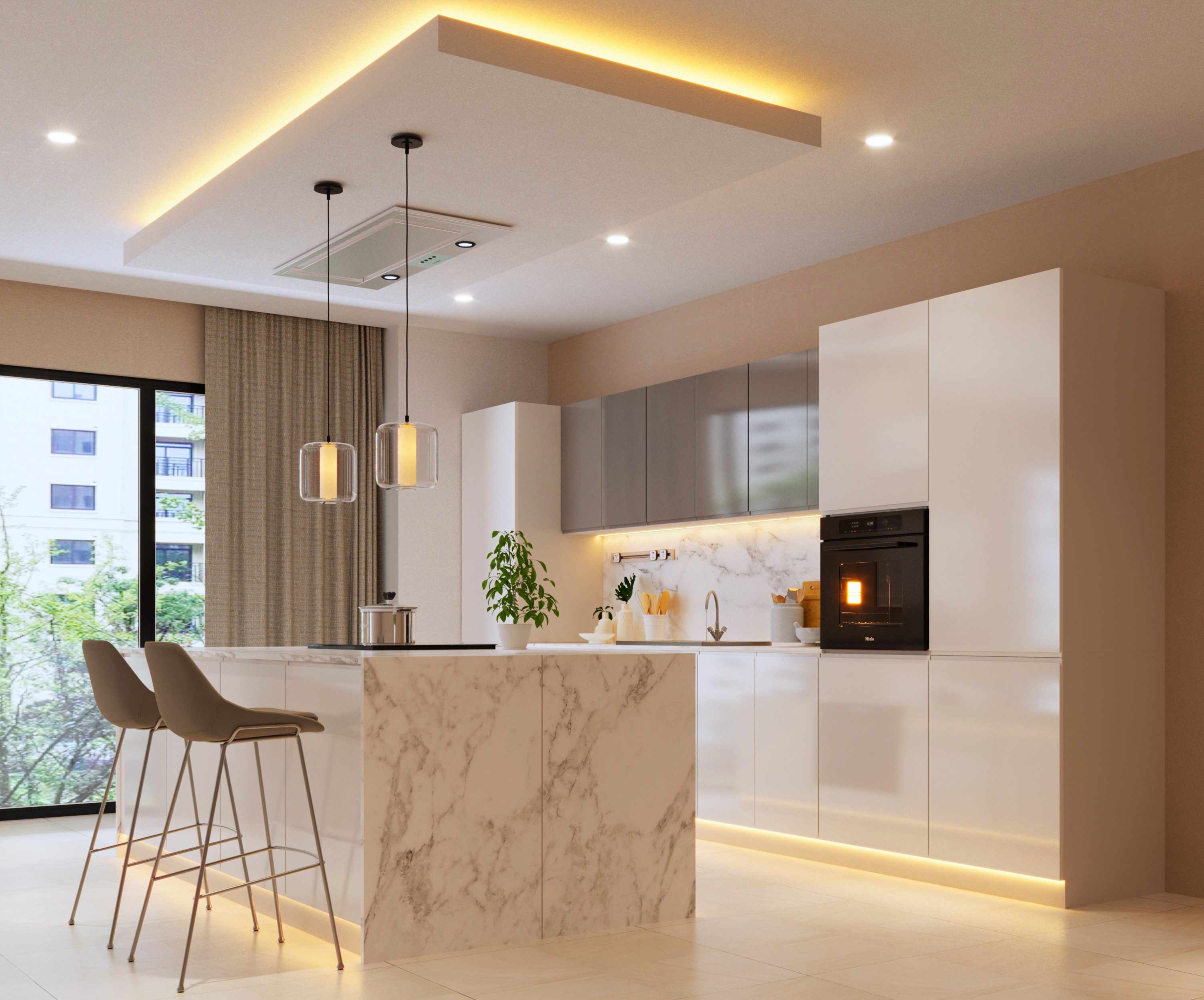 ROYAL24_MARKT Kücheninsel – KU-S13 – Aspen – Eleganz und Funktionalität in Hochglanz Weiß – Grau, (Komplett Set), Luxus – Edel – Zeitlos