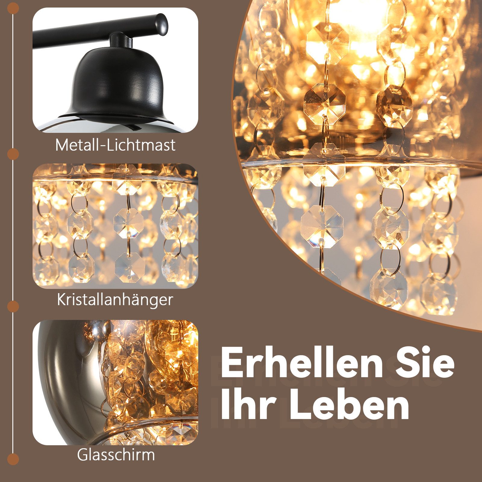 Nettlife Wandleuchte Rauchgrau Glaskugel Kristall E27 Innen Schlafzimmer Modern Flurlampe, LED wechselbar, für Flur Treppenhaus Bettlampe