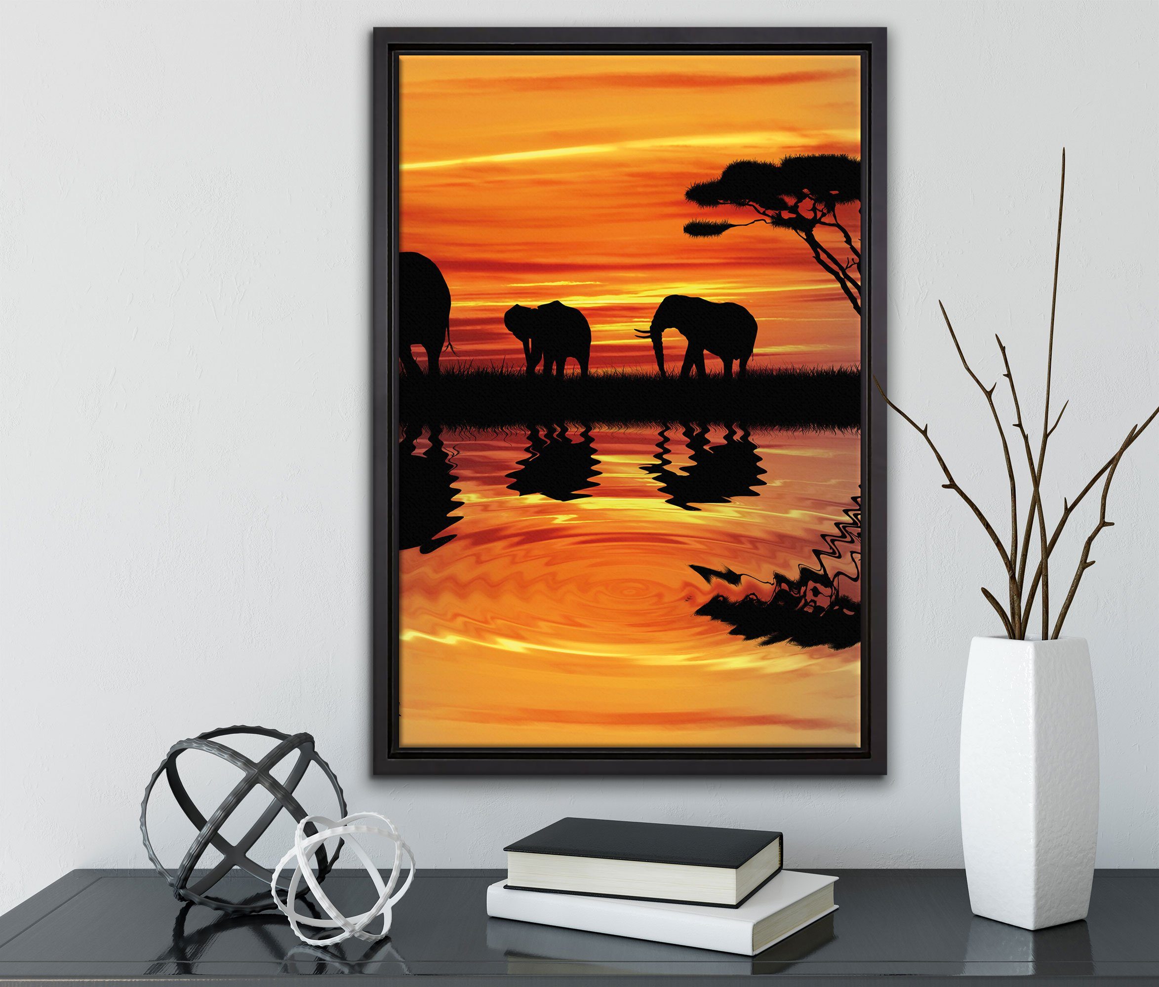 in Afrika bespannt, in fertig Wanddekoration Schattenfugen-Bilderrahmen Elefant inkl. Leinwandbild einem Zackenaufhänger Pixxprint Leinwandbild Sonnenschein, (1 St), gefasst,