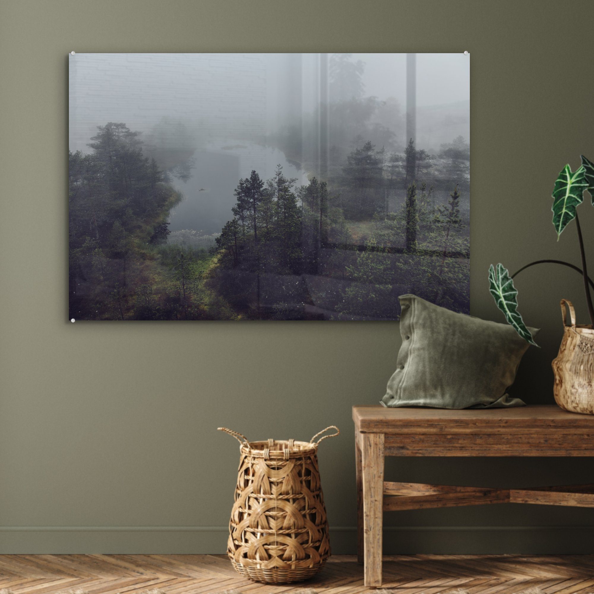 des (1 den Nebel und Nationalparks, Wohnzimmer Sumpfgebiet Acrylglasbilder über dem MuchoWow estnischen Acrylglasbild Bäumen & St), Schlafzimmer
