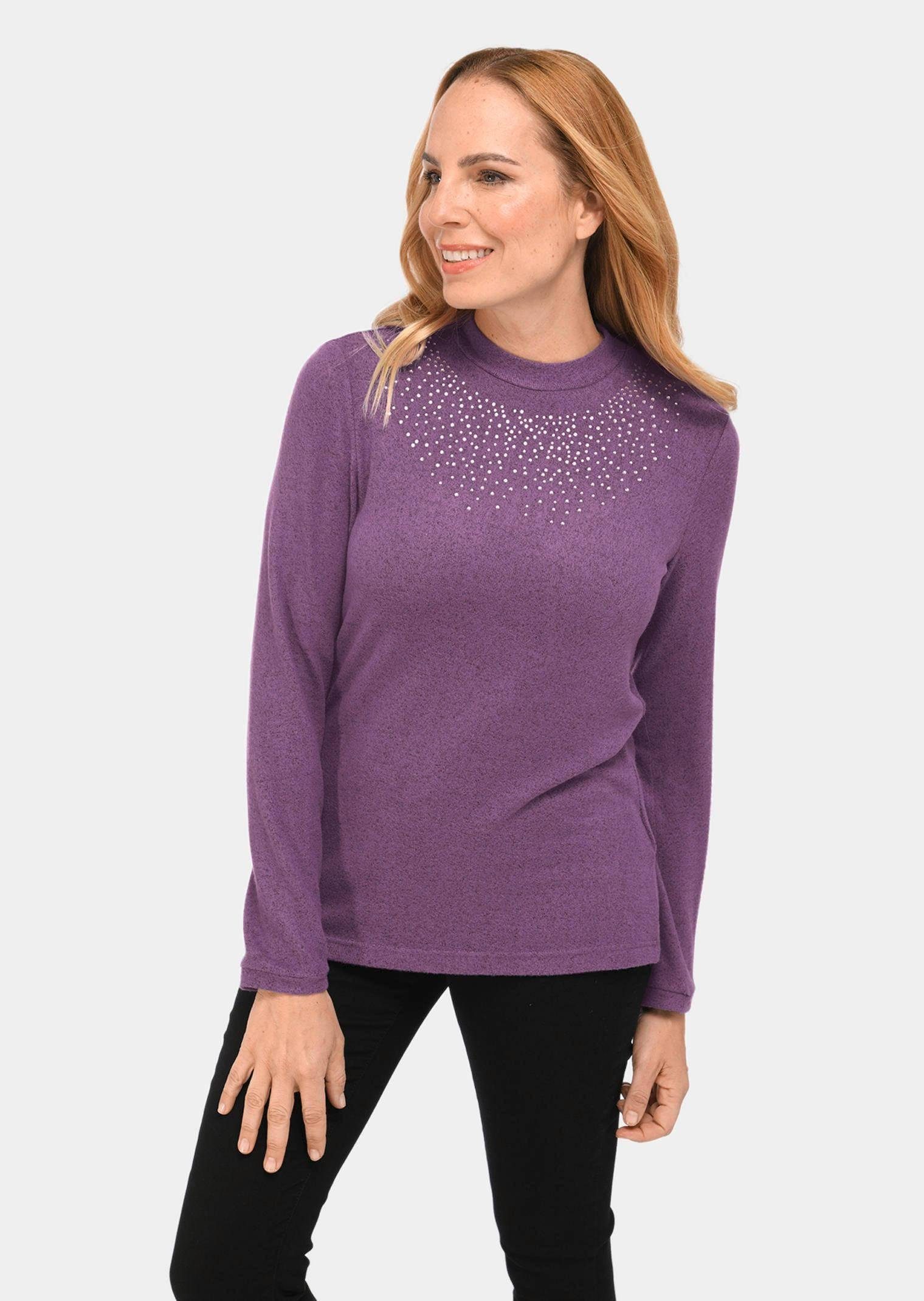Langarmshirt Strickshirt mit Glitzersteinen, Kragen
