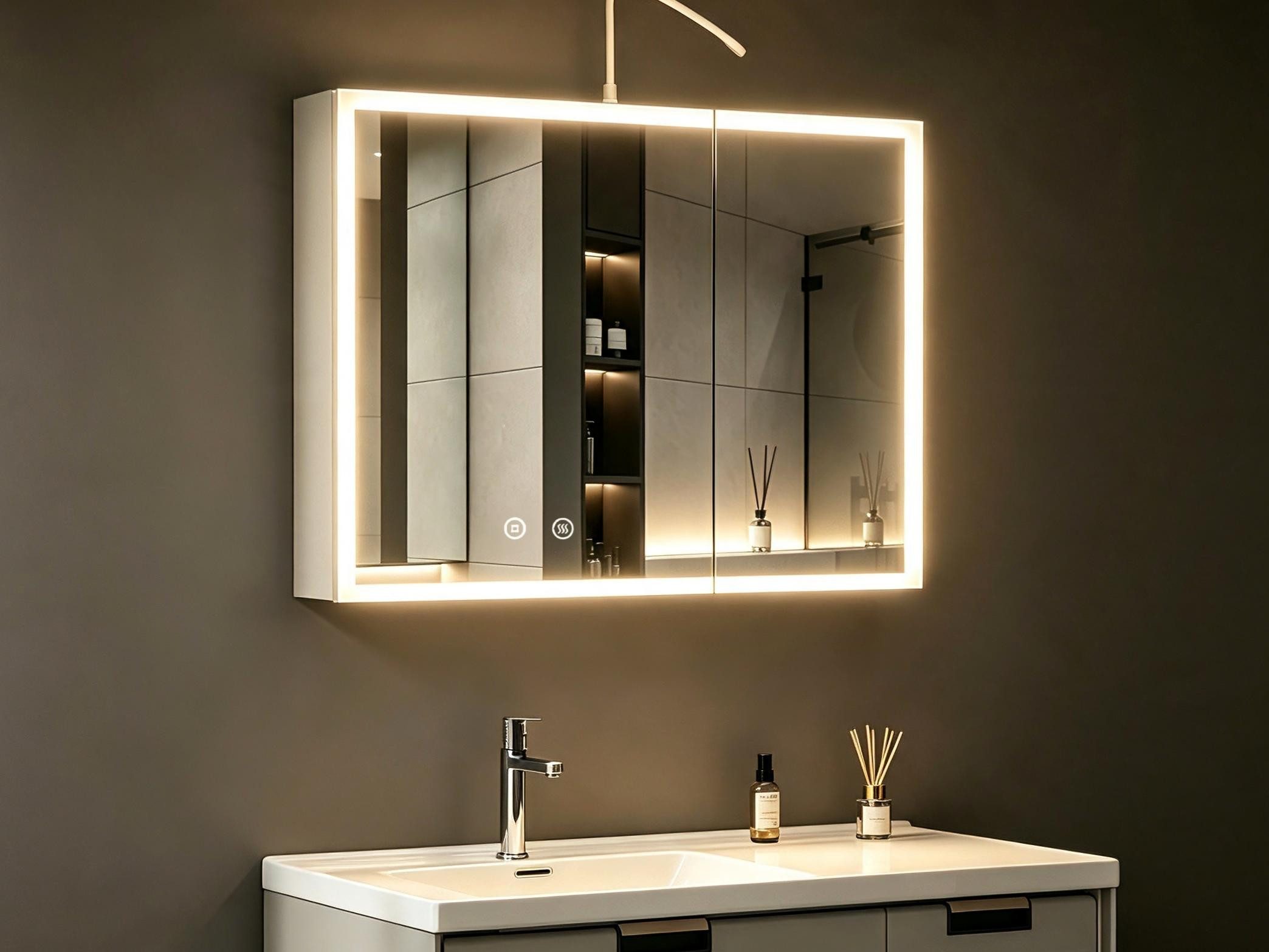 WDWRITTI Badezimmerspiegelschrank mit Led Weiss Spiegelschrank Aluminum 2türig 3Lichtfarben dimmbar (Wandschrank Badschrank Weiß, 80 x 13,5 x 60 cm) vormontiert geliefert, mit Netzstecker, Doppel Spiegel