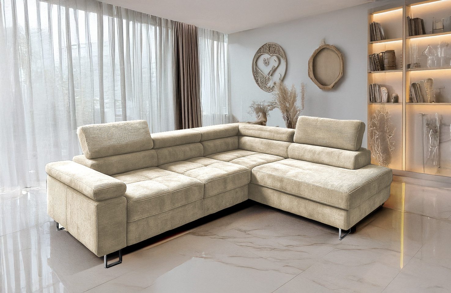 Goldstoff Ecksofa mit Schlaffunktion, Cord Couch günstig online kaufen