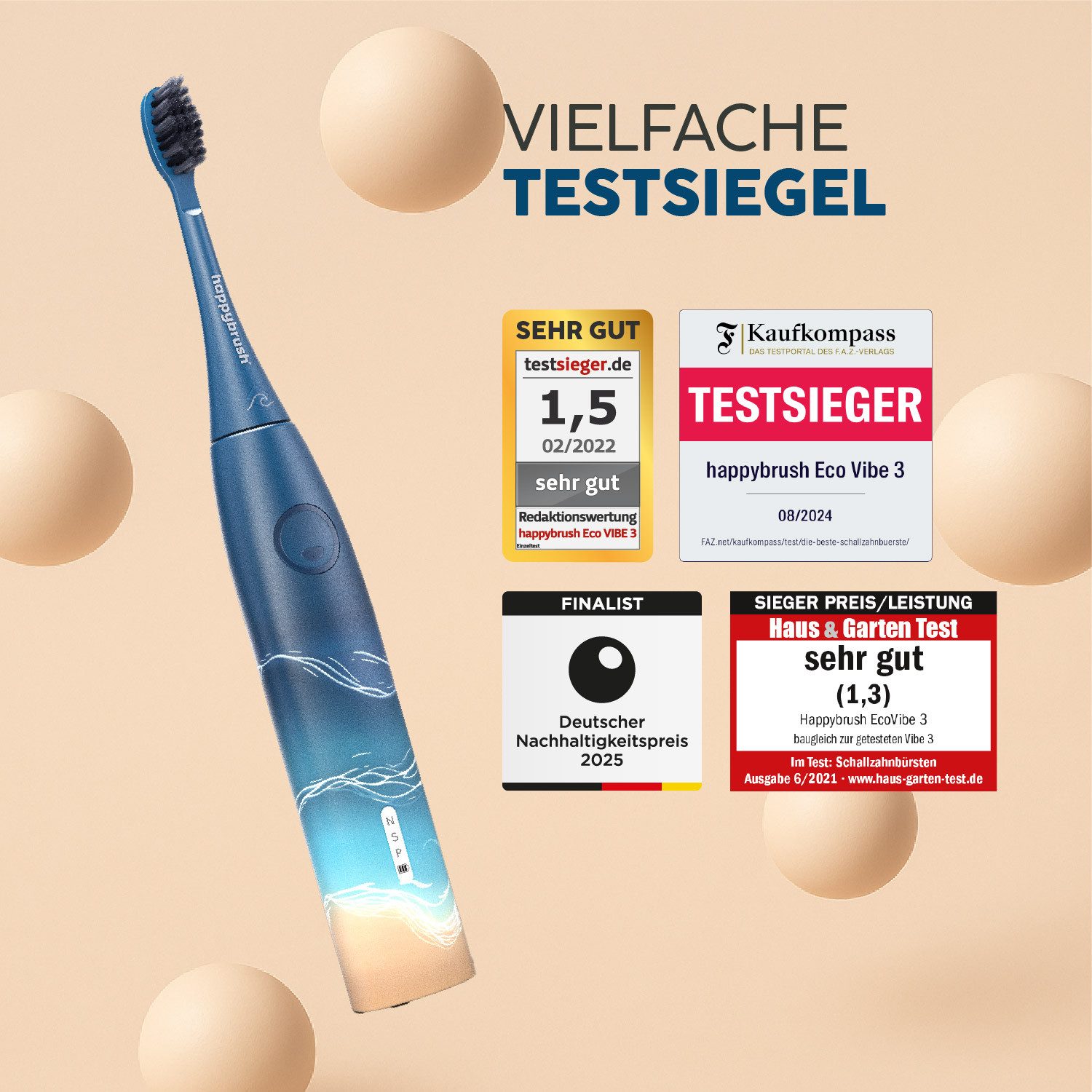 happybrush Schallzahnbürste Eco VIBE 3 Ocean - 100 Tage Probeputzen - 8 Wochen Power Akku, Aufsteckbürsten: 1 St., Eco Vibe 3, 3 individuelle Putz-Modi, Schalltechnologie