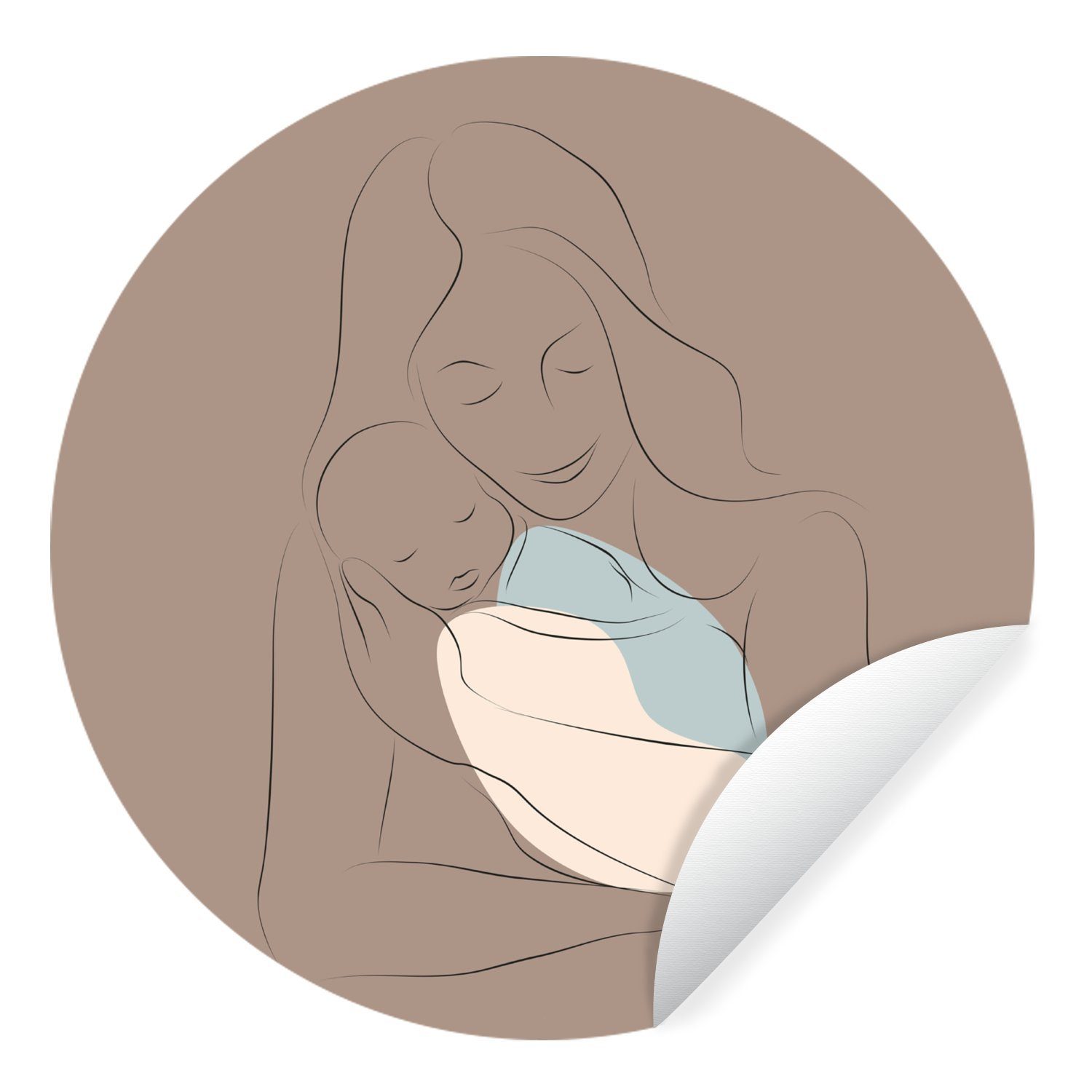 MuchoWow Wandsticker Mutter - Neugeborenes Baby - Strichzeichnung (1 St), Tapetenkreis für Kinderzimmer, Tapetenaufkleber, Rund, Wohnzimmer