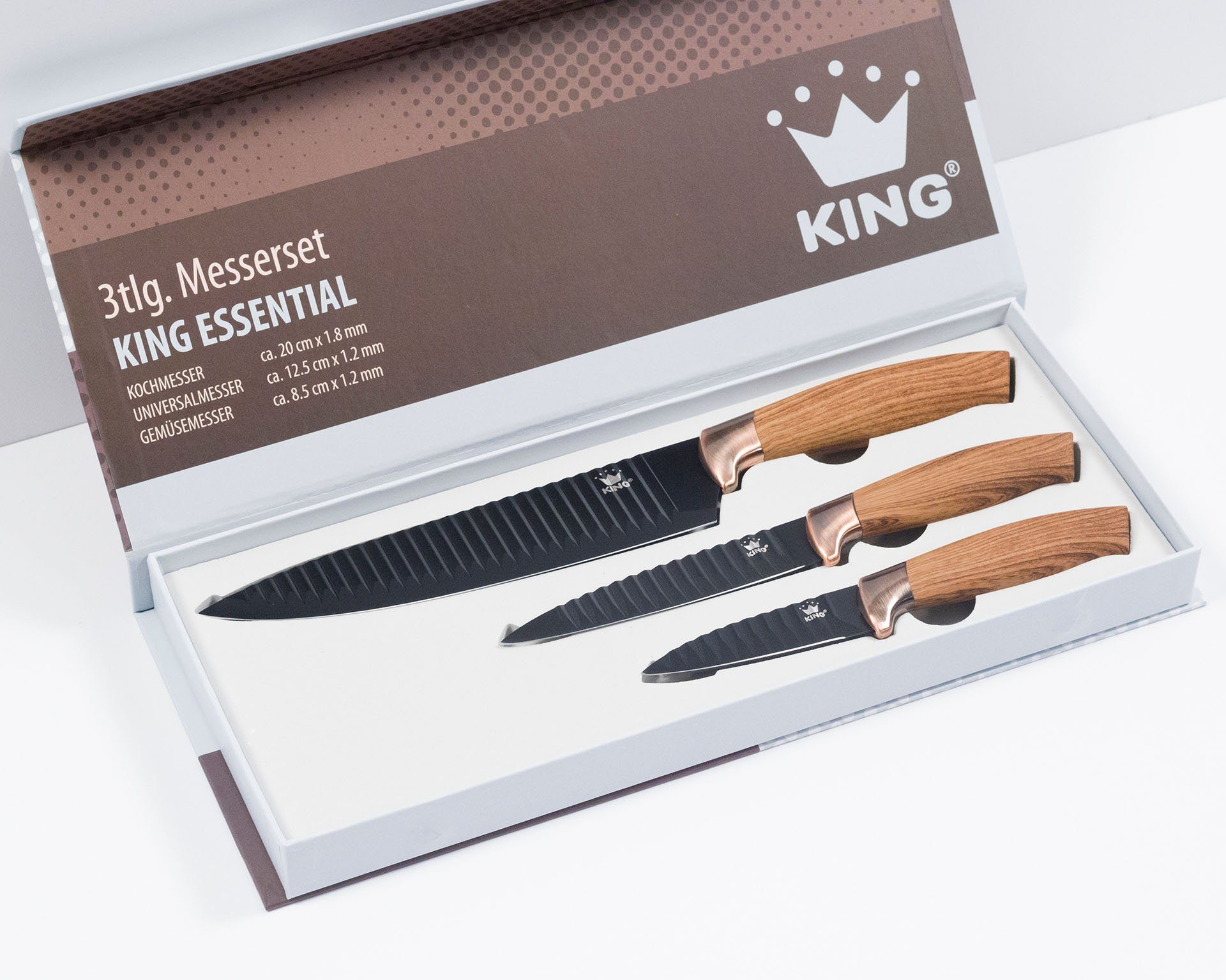 KING Messer-Set Essential (Set, 3-tlg., 1 Kochmesser 20cm, 1 Universalmesser 12.5cm, 1 Gemüsemesser 8.5cm), Wellenschliff, Griffe in Holzoptik, im Geschenketui