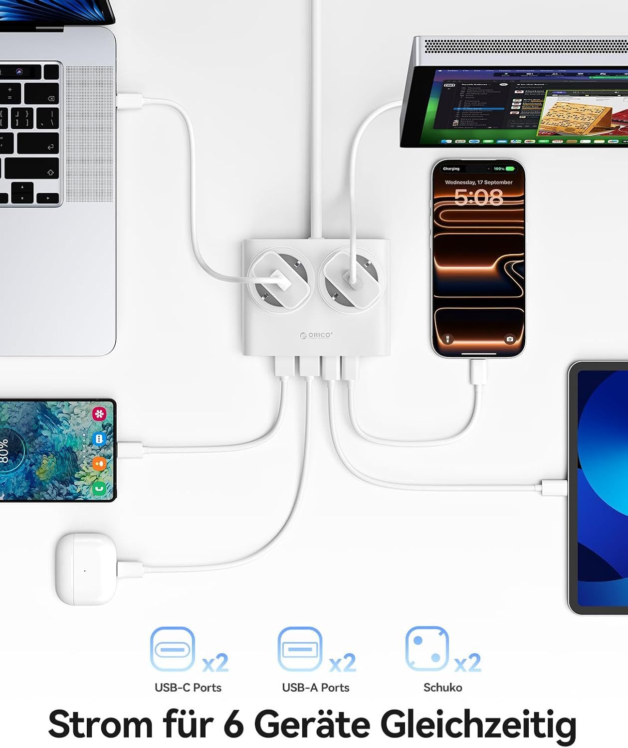 ORICO Steckdose USB 25W GaN Mehrfachsteckdose 6-in-1 Steckdosenleiste,2AC+2USB +2CPD, flacher 1,3 cm Stecke, 1-St., 1,6 m Kabel, 2500 W., für Haushalt & Büro – Bild 2 von 5