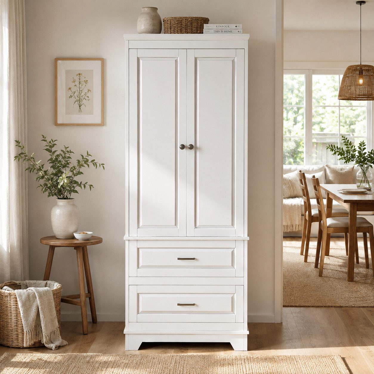 Simurq Kommode Hochschrank Weiß mit 2 Türen, 2 Schubladen, 157 cm hoch (Einzelmöbel, 1 St., 1 Hochschrank), Platzsparende hohe Bauform