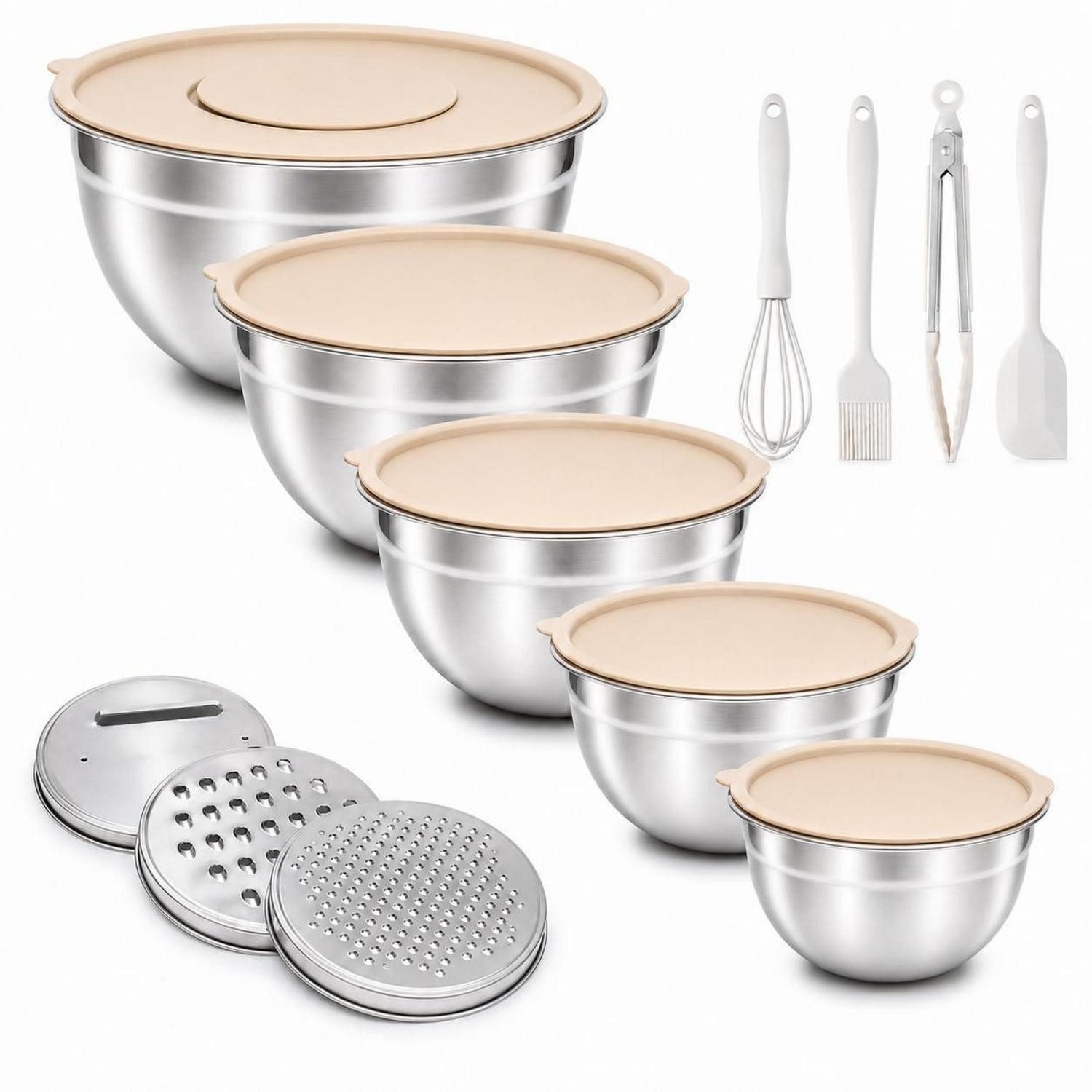LuxusKollektion Rührschüssel Rührschüssel Set Edelstahl 5er mit Deckel & Zubehör, Metall