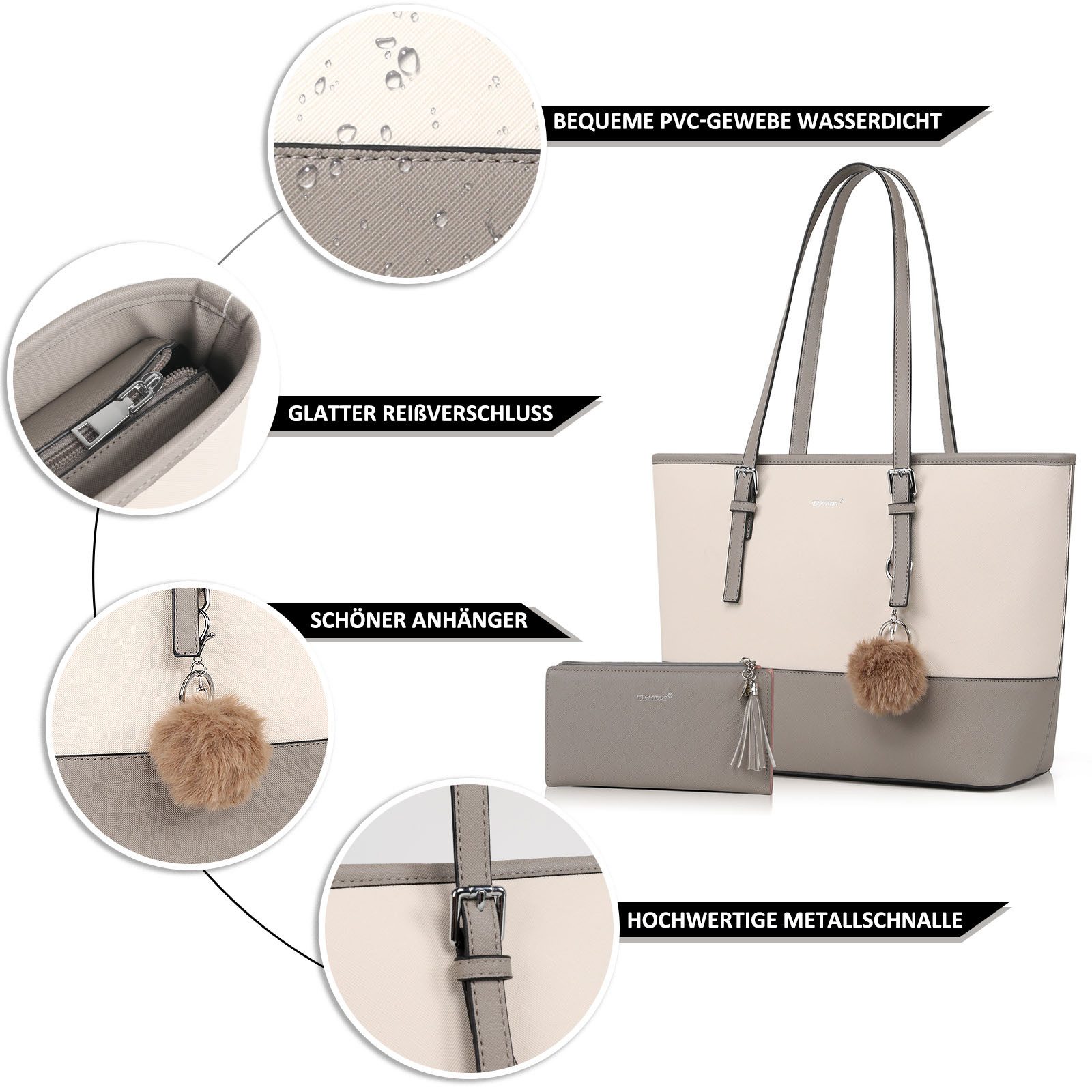 TAN.TOMI Shopper Handtasche Damen mit Geldbörse und Schlüsselanhänger, Groß Damen Handtasche, ​Geschenke für Frauen in schlichter Optik