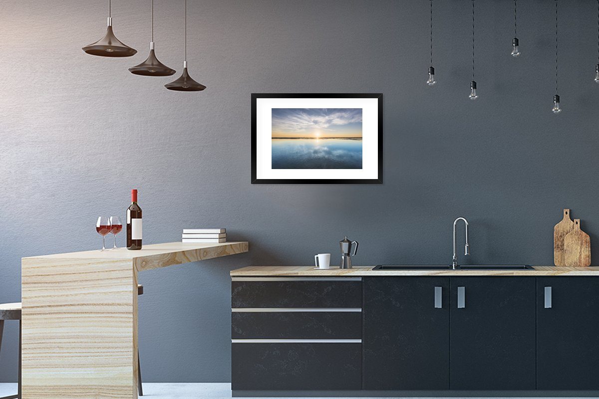 MuchoWow Poster Meer - Kunstdruck, Poster, Wolken Rahmen, mit Gerahmtes (1 Schwarzem St), Bilderrahmen Sonne, 