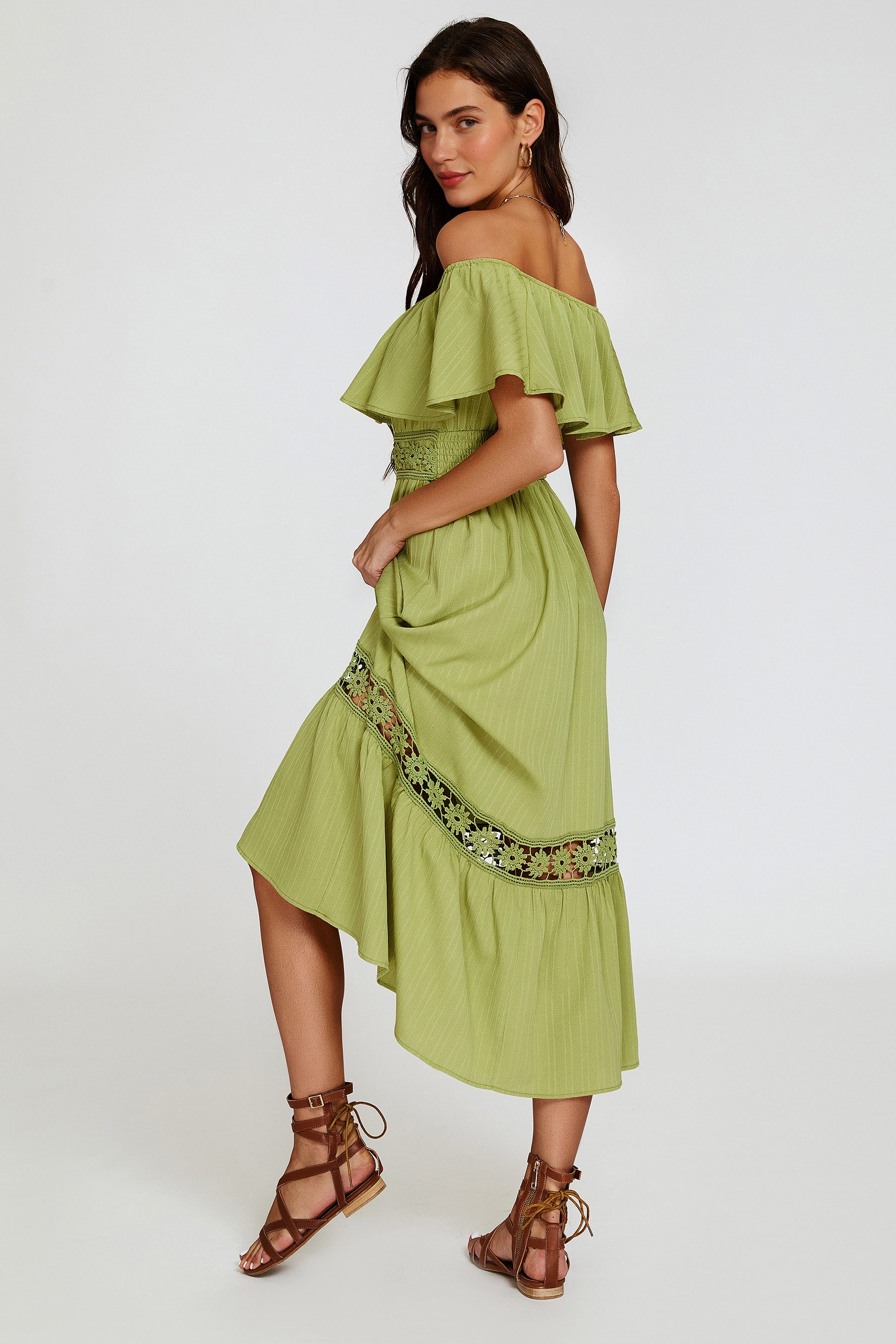 FS Collection Sommerkleid Damen Midikleid Sommerkleid Carmenkleid mit Spitze (Größen: XS (EU:36 / UK:8) · S (EU:38 / UK:10) · M (EU:40 / UK:12) · L (EU:42 / UK:14) · XL (EU:44 / UK:16) Carmen-Ausschnitt, Spitze, elastische Taille, Volantsaum