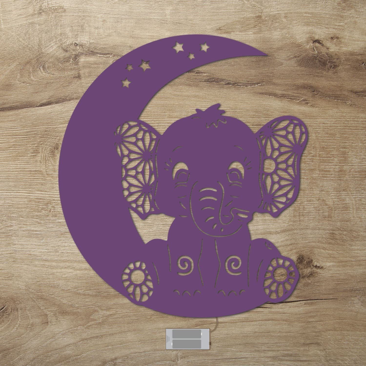 Namofactur LED Elefant mit fest Mond Zugschalter, - Elefanten LED auf batteriebetrieben Nachtlicht Wanddekoobjekt Warmweiß, integriert, Motiv Lila für Leuchte Schlaflicht Kleinkinder, Kinderzimmer Ohne