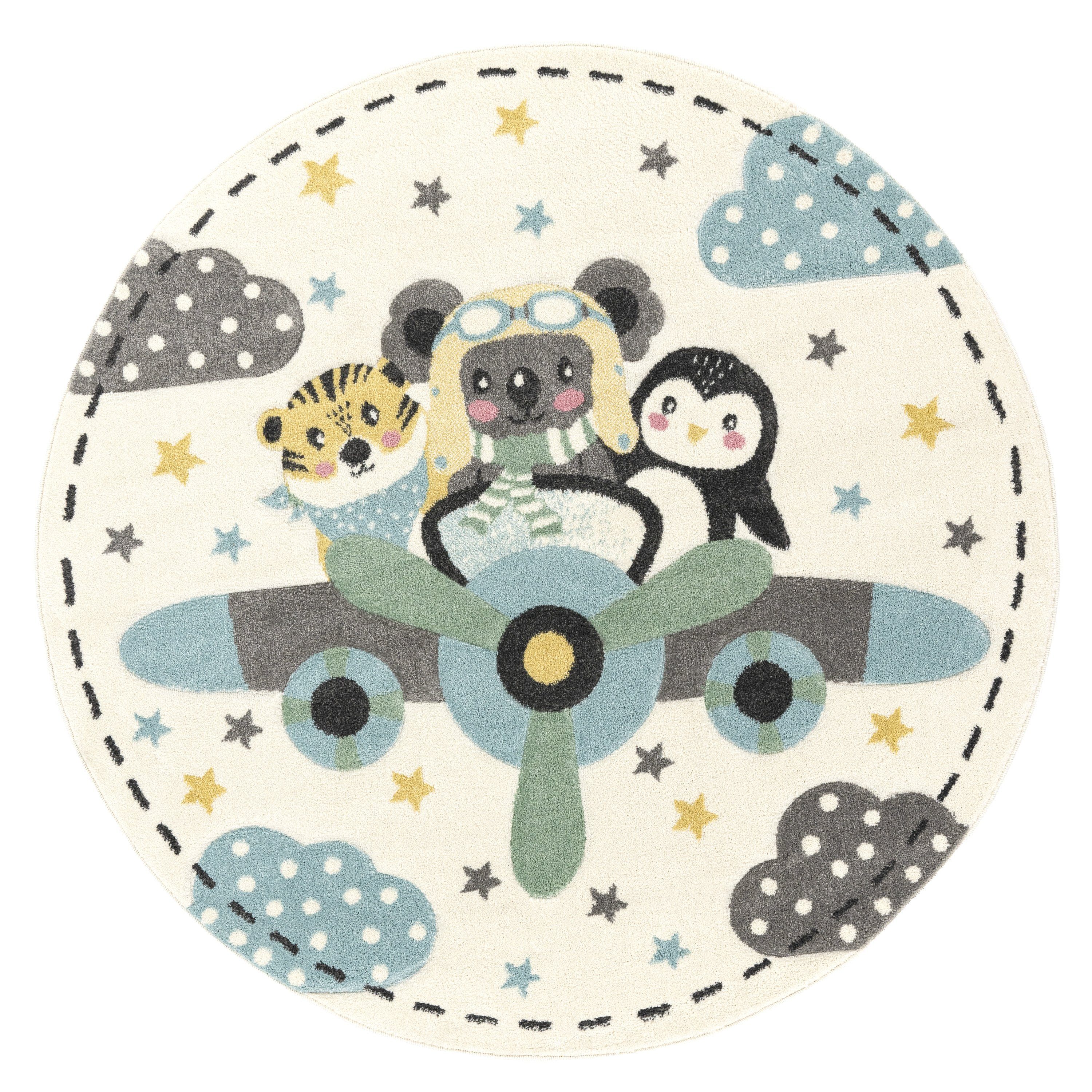 Paco Home Kinderteppich Fino 332, rund, Höhe: 16 mm, 3D-Design, niedliches Tier Motiv, Pastell-Farben, Kinderzimmer