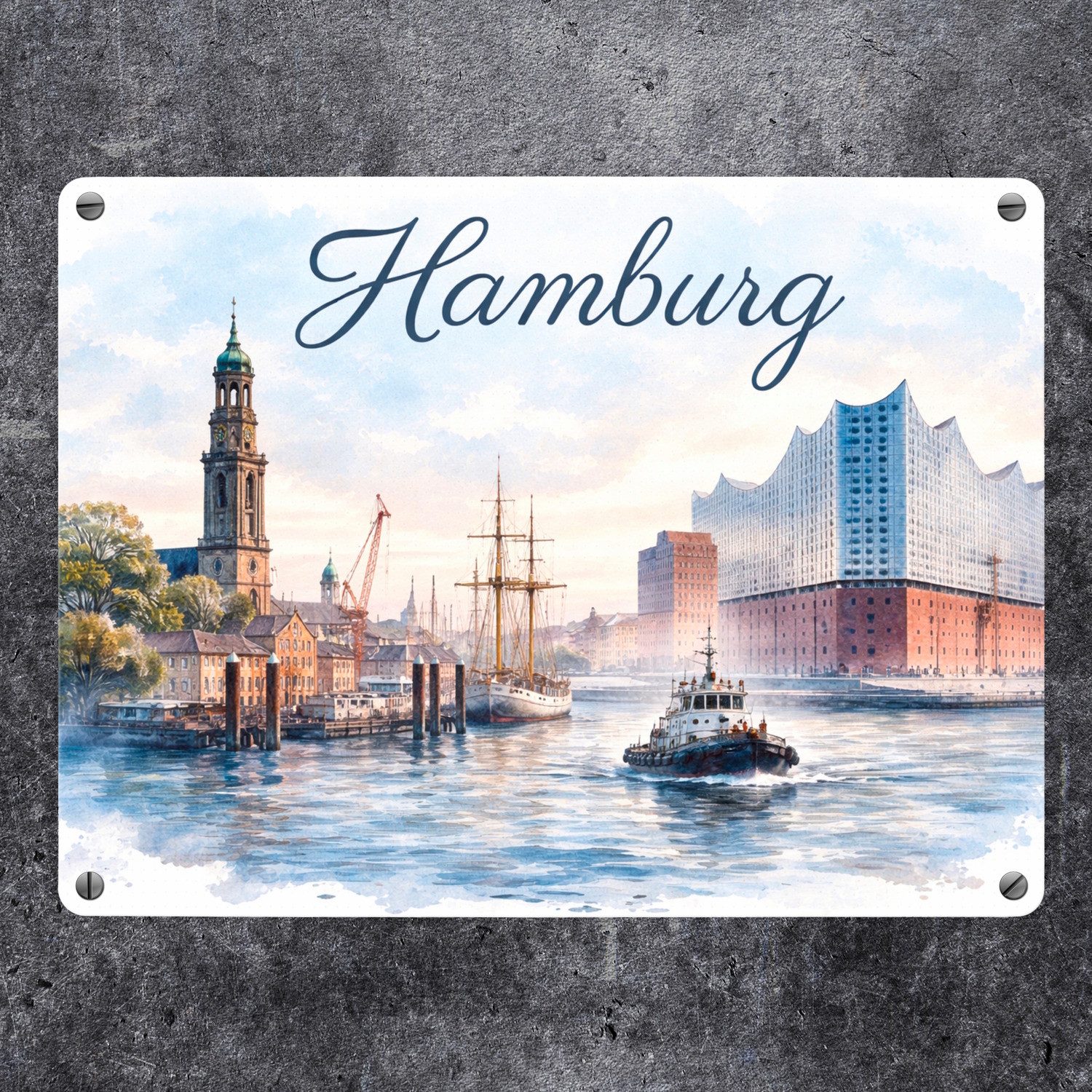 speecheese Metallschild Hamburg Stadt Hafenszene Metallschild in 15x20 cm mit Schriftzug