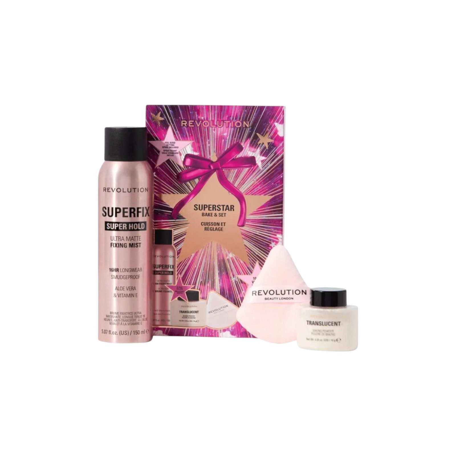 Revolution Kosmetik-Set Superstar Bake & Set, 3-tlg., Set mit Fixierspray, Пудра und Quaste