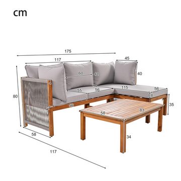 FUROKOY Gartenlounge-Set Garten-Loungesessel-Set (3er-Set) L-förmiges Gartenmöbel-Set mit Tisch, (Ecksofa mit Liegefunktion mit verstellbaren Beinen), Gartenmöbel Gestell aus Akazienholz und hellgraues Sitzkissen&Kissen