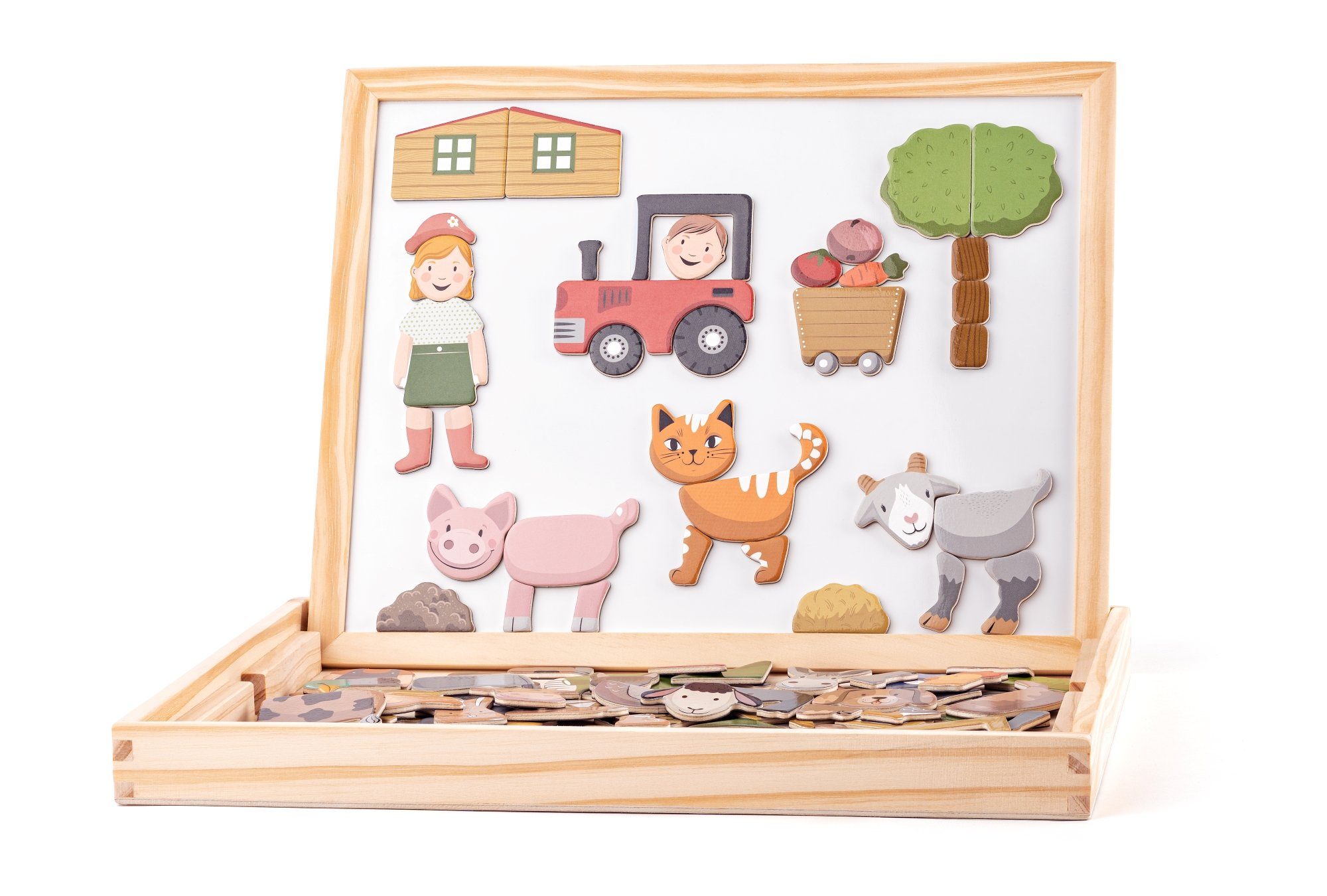 Woodyland Lernspielzeug 91214 2 in 1 Tischtafel und Magnetspiel - Thema Farm + Tiere. 102 tlg, 2 in 1 Whiteboard und Kreidetafel